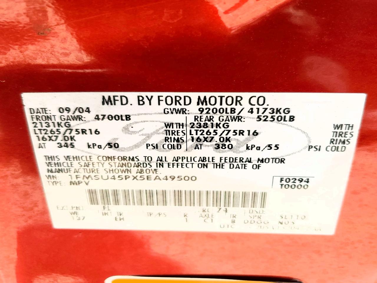 2005 Ford Excursion Eddie Bauer Red vin: 1FMSU45PX5EA49500