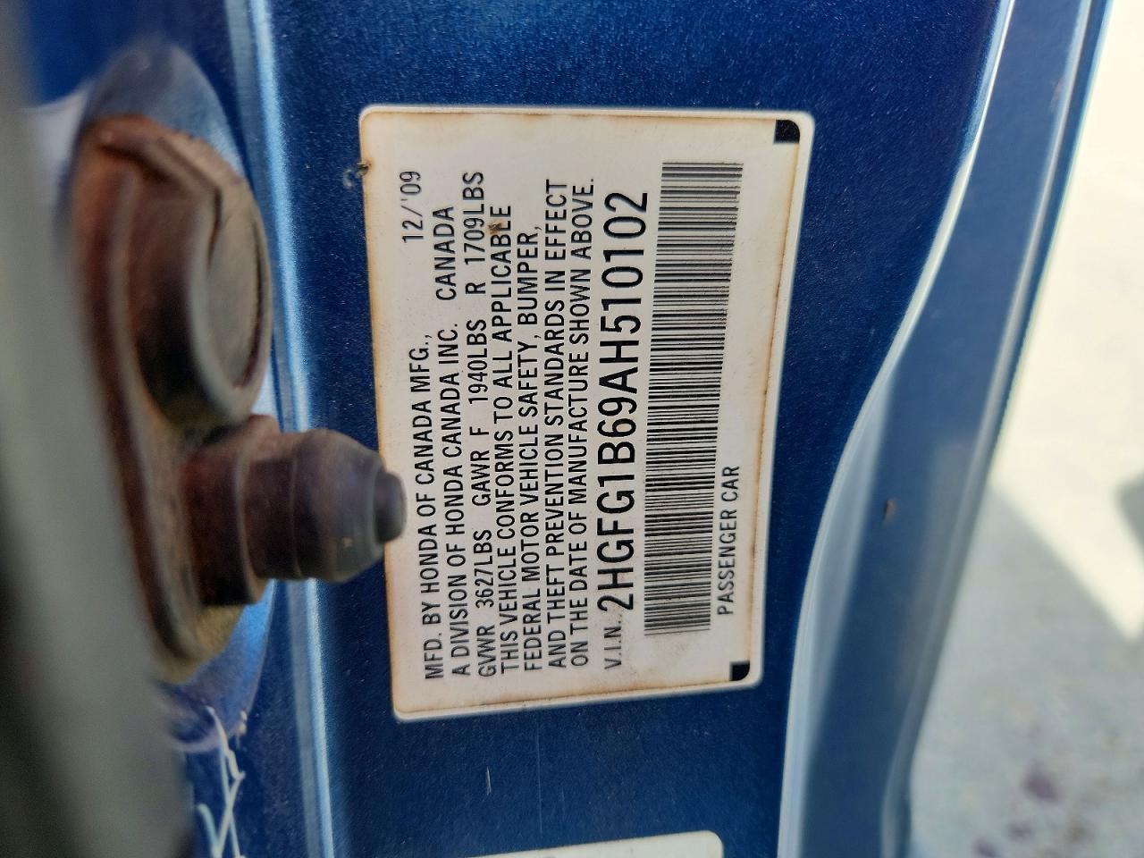 2010 Honda Civic Lx Blue vin: 2HGFG1B69AH510102