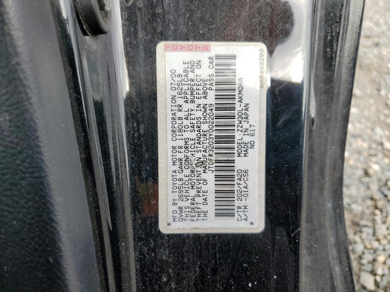 2000 Toyota Mr2 Spyder Black vin: JTDFR3203Y0022049
