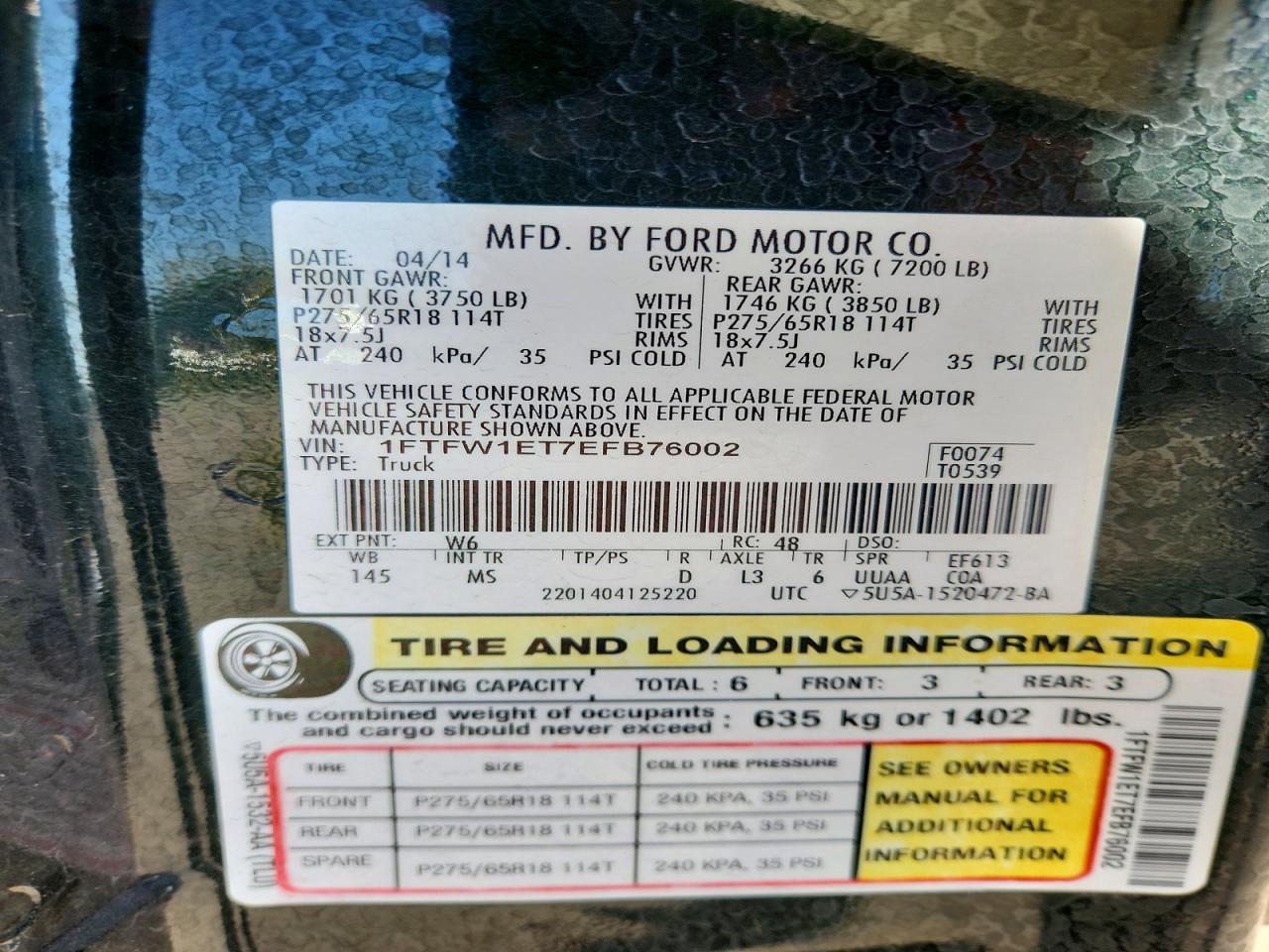 2014 Ford F150 Supercrew Green vin: 1FTFW1ET7EFB76002