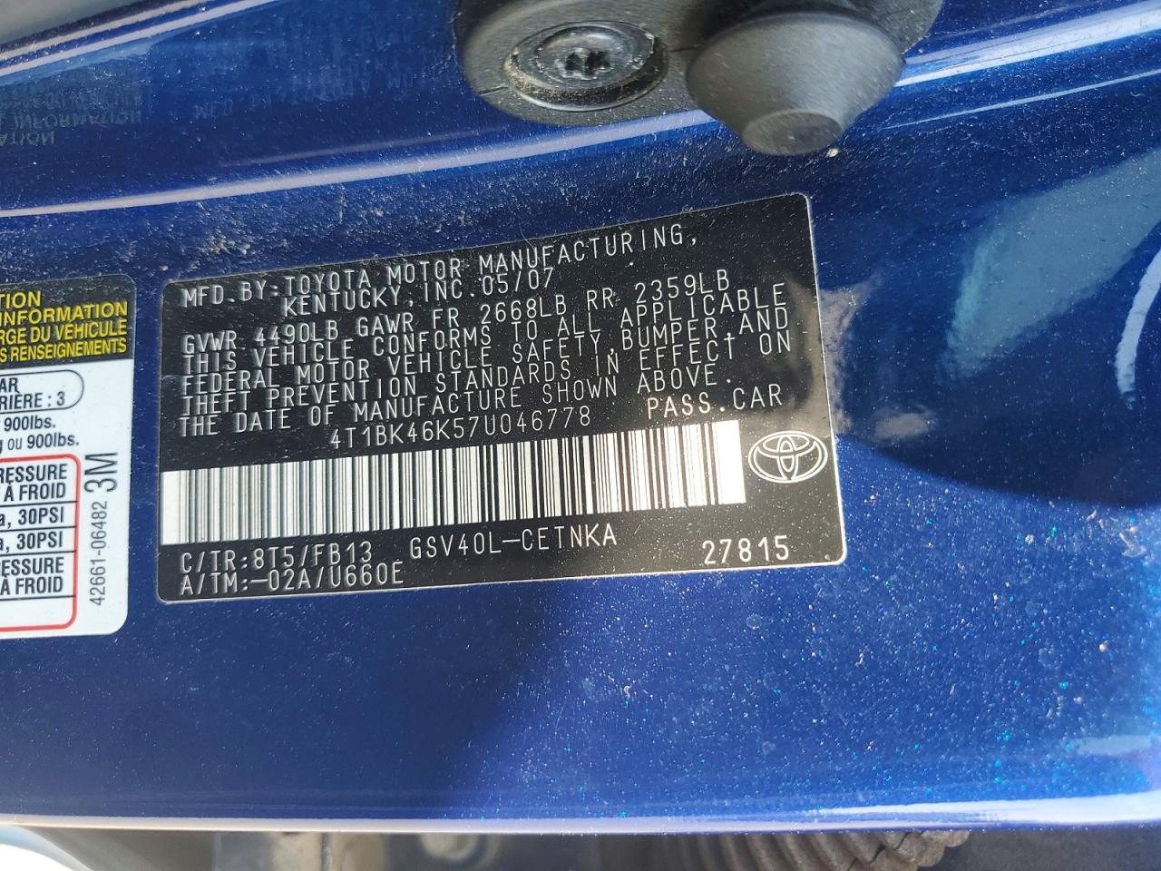 2007 Toyota Camry Le V6 Blue vin: 4T1BK46K57U046778