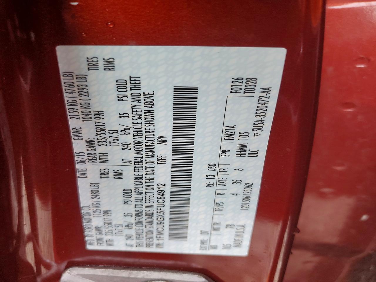 2015 Ford Escape Se Red vin: 1FMCU9GX5FUC84912
