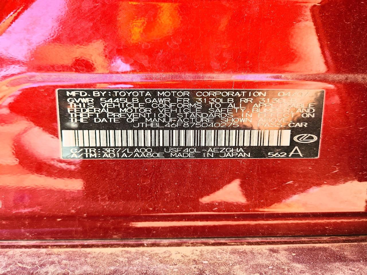 2007 Lexus Ls 460 Burgundy vin: JTHBL46F875040275