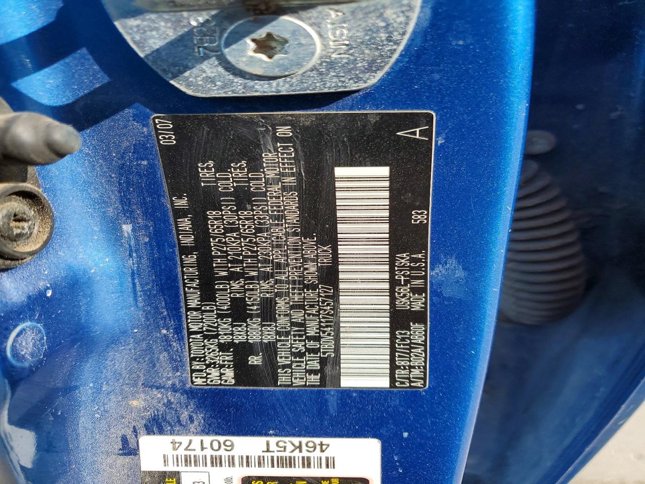 2007 Toyota Tundra Crewmax Sr5 Blue vin: 5TBDV54117S457127