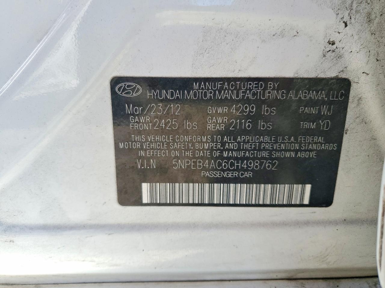 2012 Hyundai Sonata Gls White vin: 5NPEB4AC6CH498762