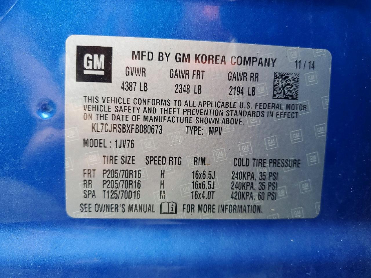 2015 Chevrolet Trax 1lt Blue vin: KL7CJRSBXFB080673