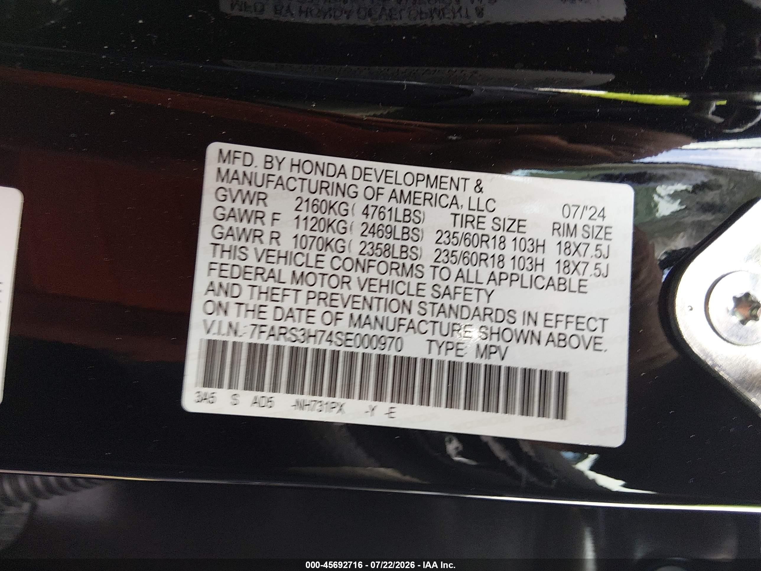 2025 Honda Cr-v Ex-l 2wd Black vin: 7FARS3H74SE000970