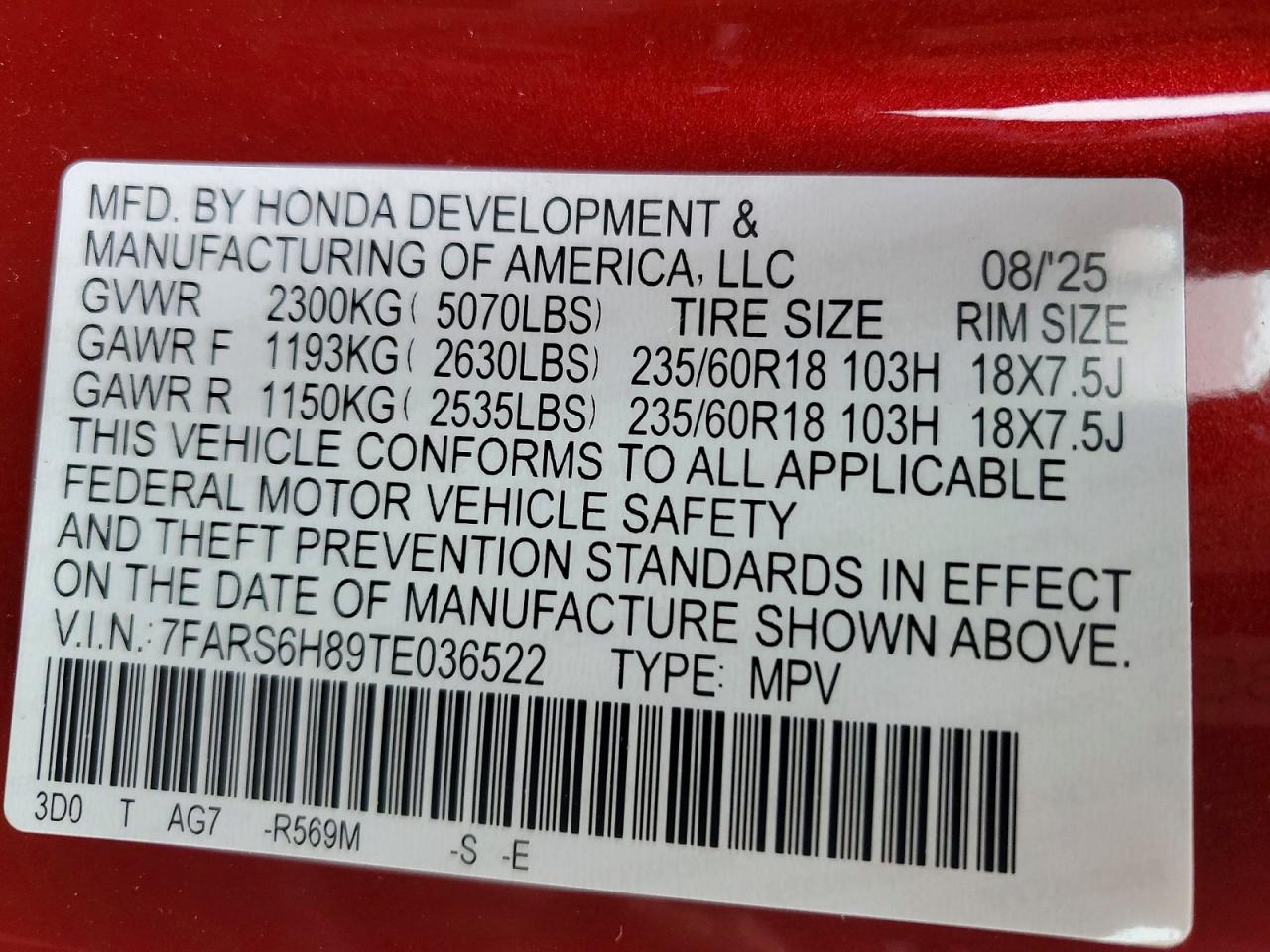 2026 Honda Cr-v Sport-l Red vin: 7FARS6H89TE036522