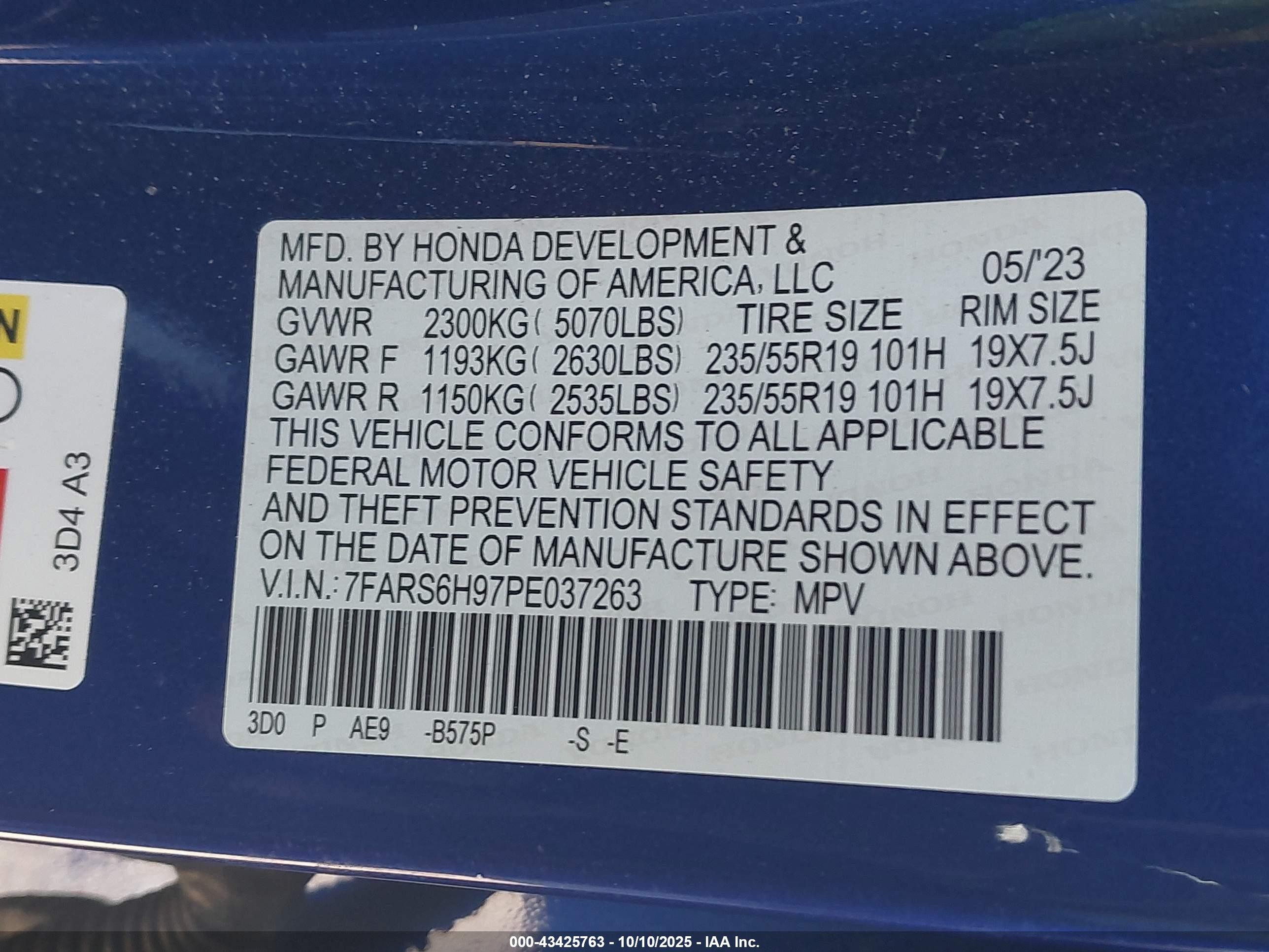 2023 Honda Cr-v Hybrid Sport Touring Blue vin: 7FARS6H97PE037263