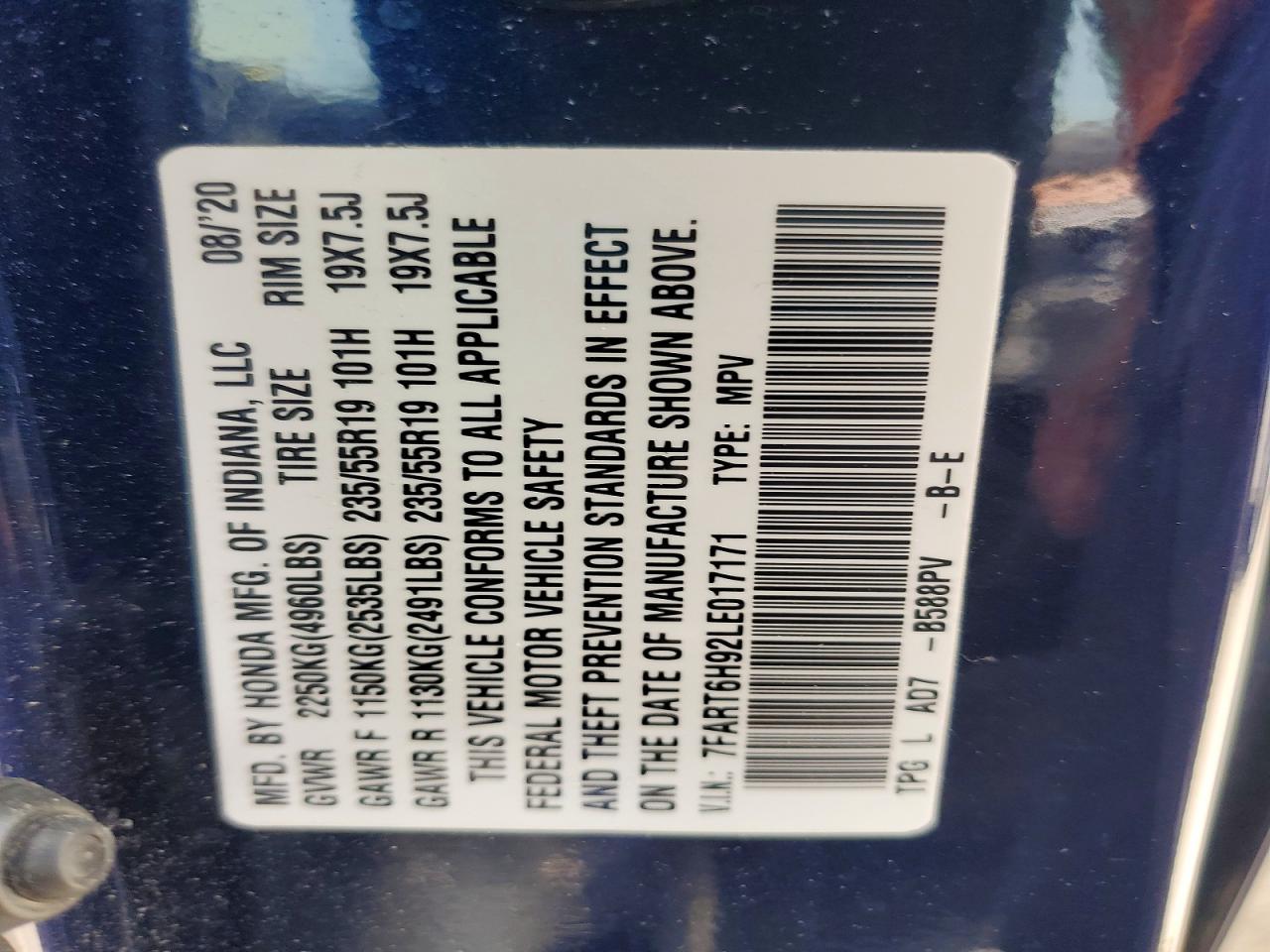 2020 Honda Cr-v Touring Blue vin: 7FART6H92LE017171