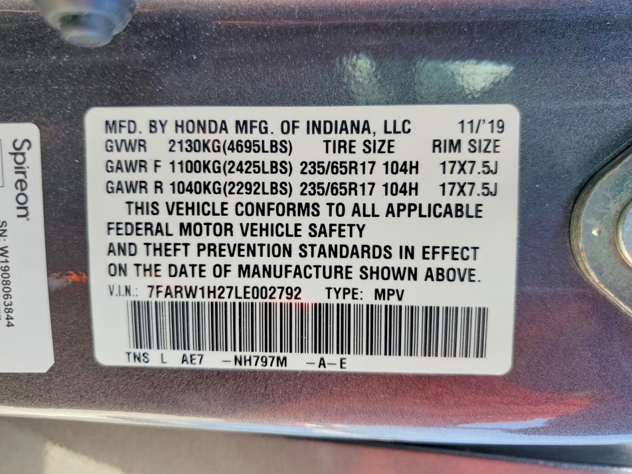 2020 Honda Cr-v Lx Gray vin: 7FARW1H27LE002792