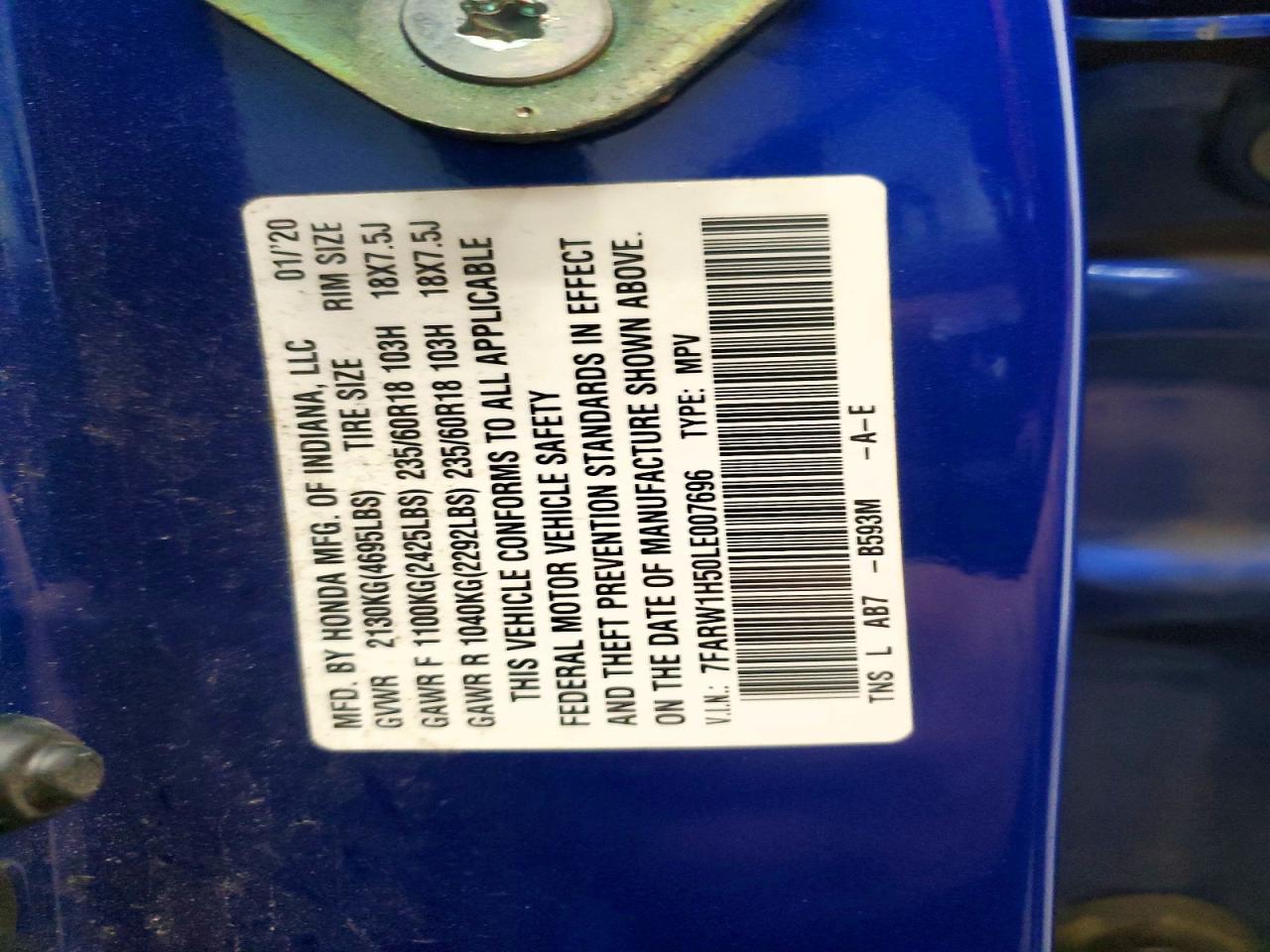 2020 Honda Cr-v Ex Blue vin: 7FARW1H50LE007696