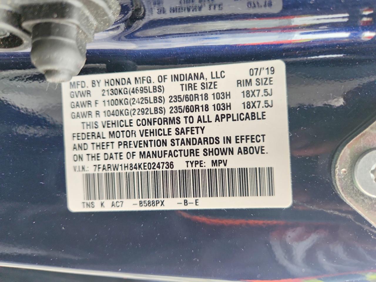 2019 Honda Cr-v Exl Blue vin: 7FARW1H84KE024736