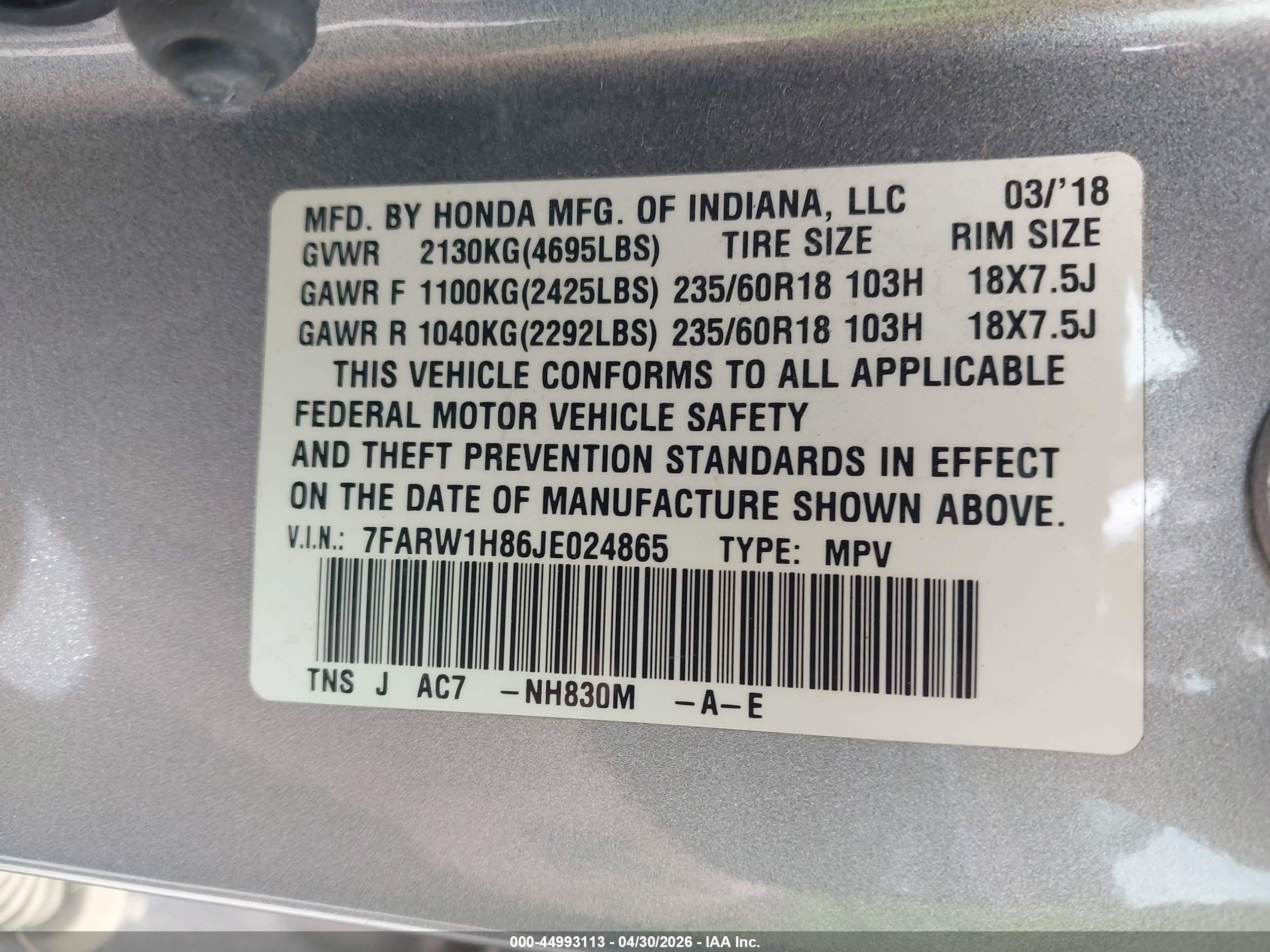 2018 Honda Cr-v Ex-l/ex-l Navi Silver vin: 7FARW1H86JE024865