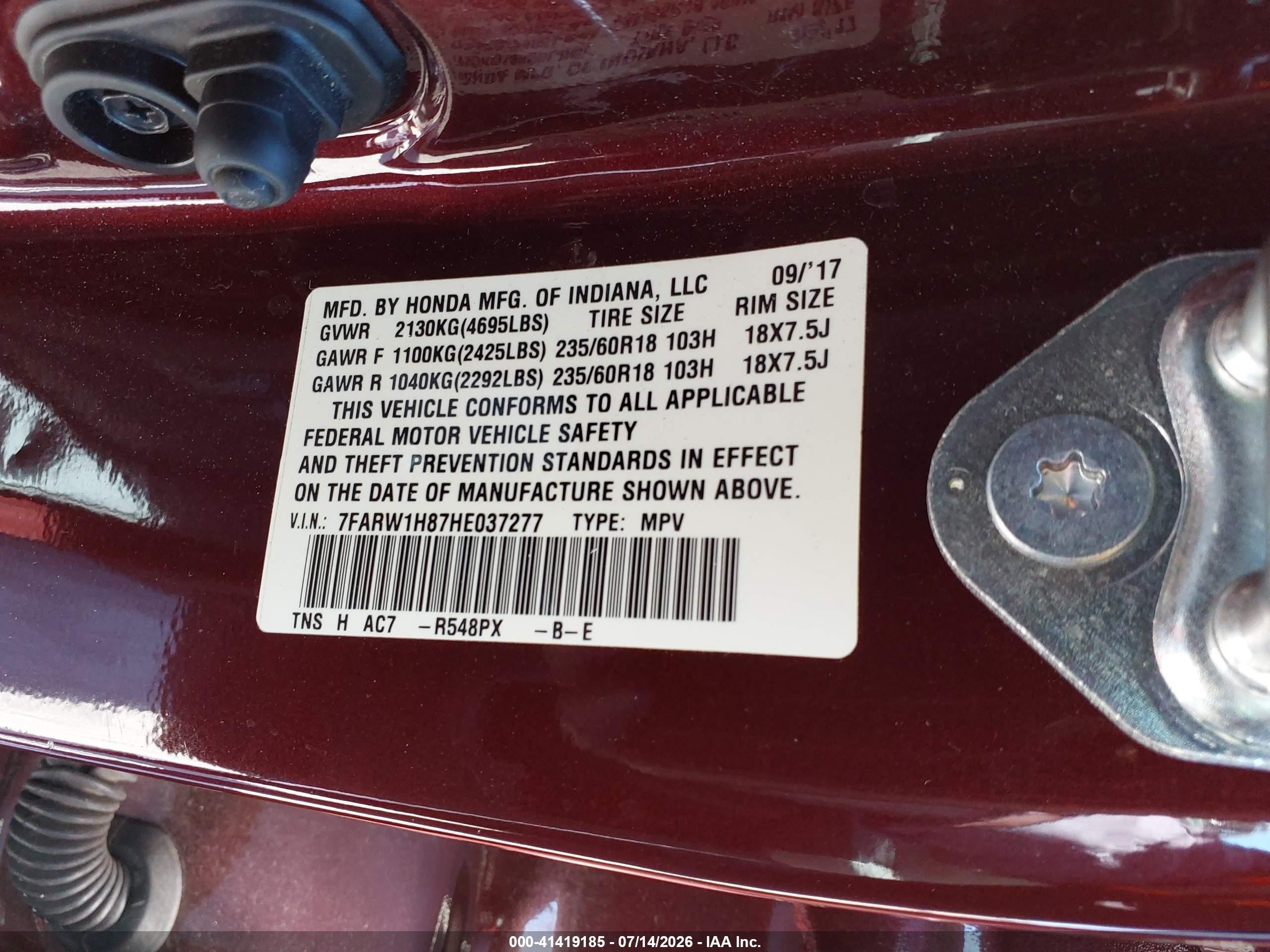 2017 Honda Cr-v Ex-l/ex-l Navi Burgundy vin: 7FARW1H87HE037277