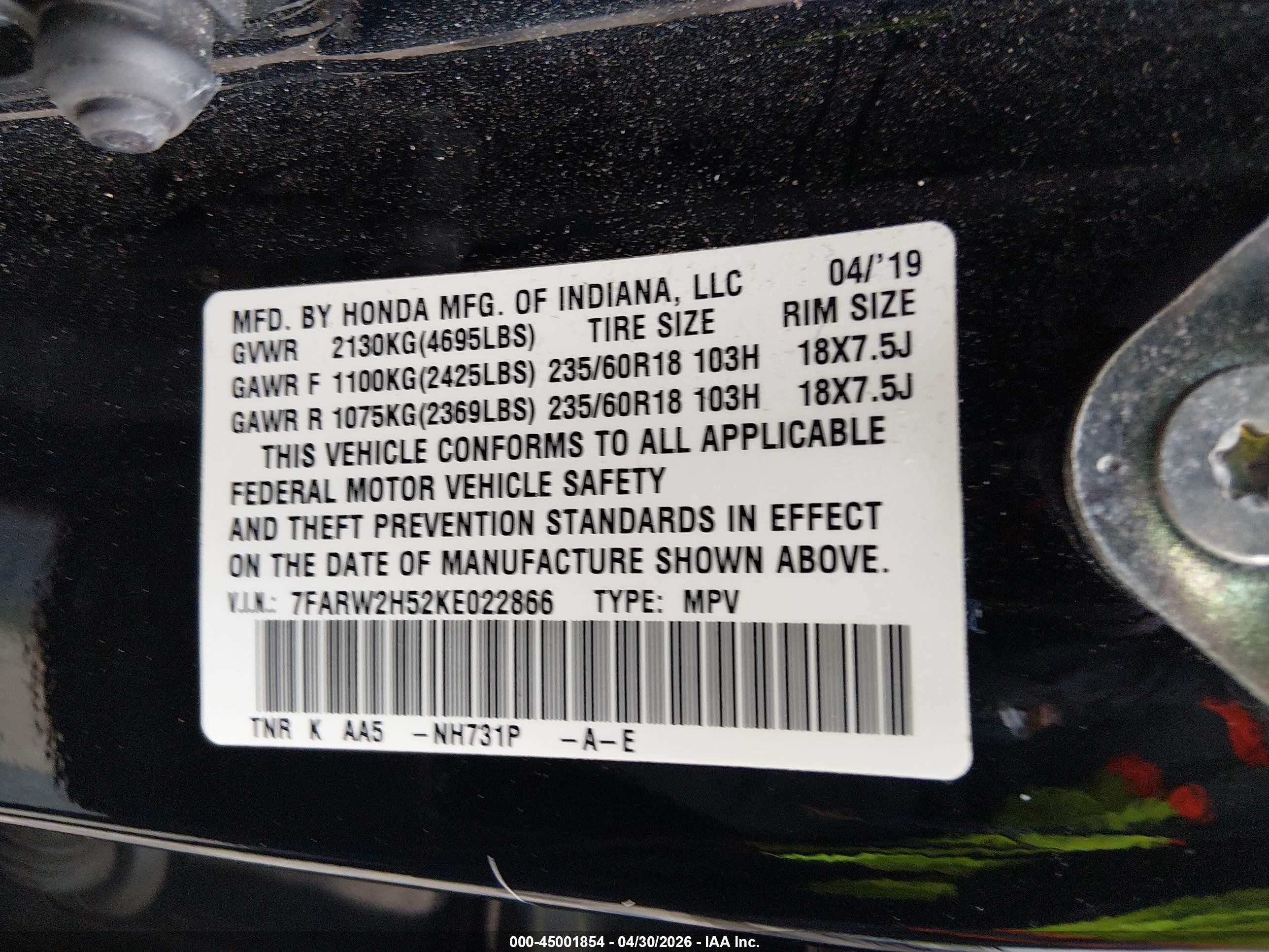 2019 Honda Cr-v Ex Черный vin: 7FARW2H52KE022866