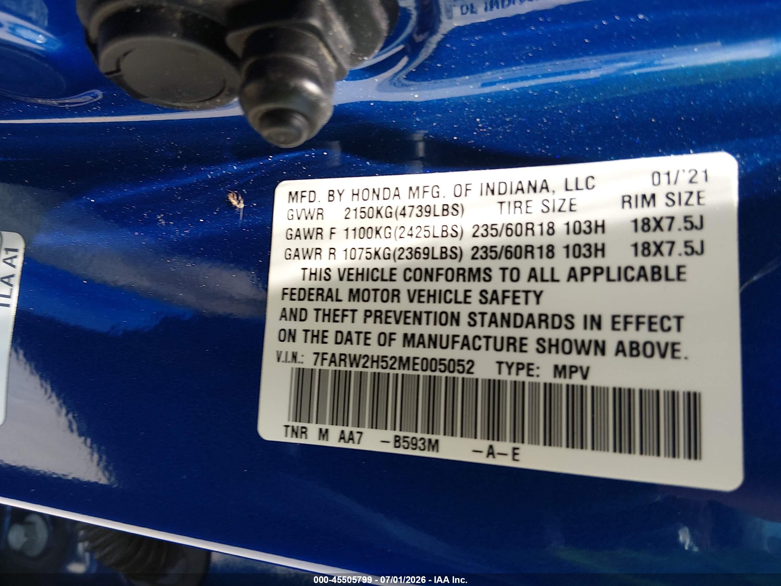 2021 Honda Cr-v Awd Ex Blue vin: 7FARW2H52ME005052