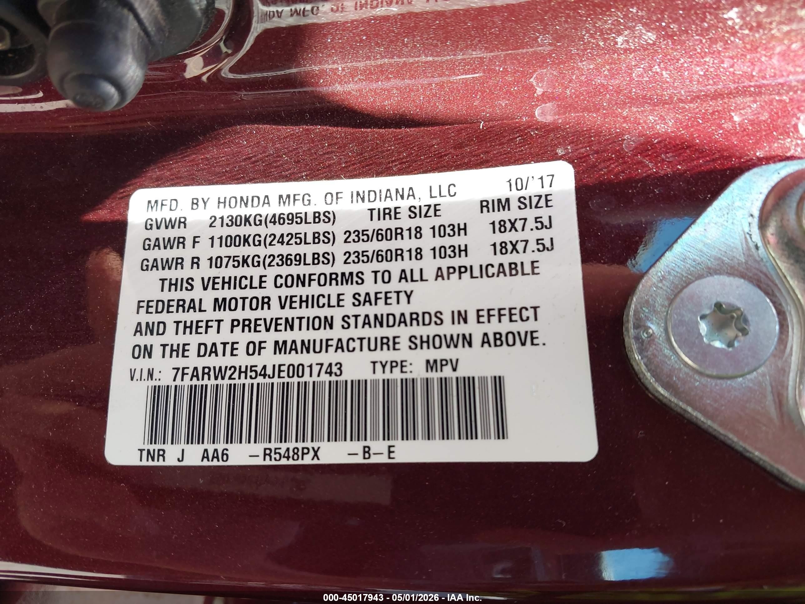 2018 Honda Cr-v Ex Maroon vin: 7FARW2H54JE001743