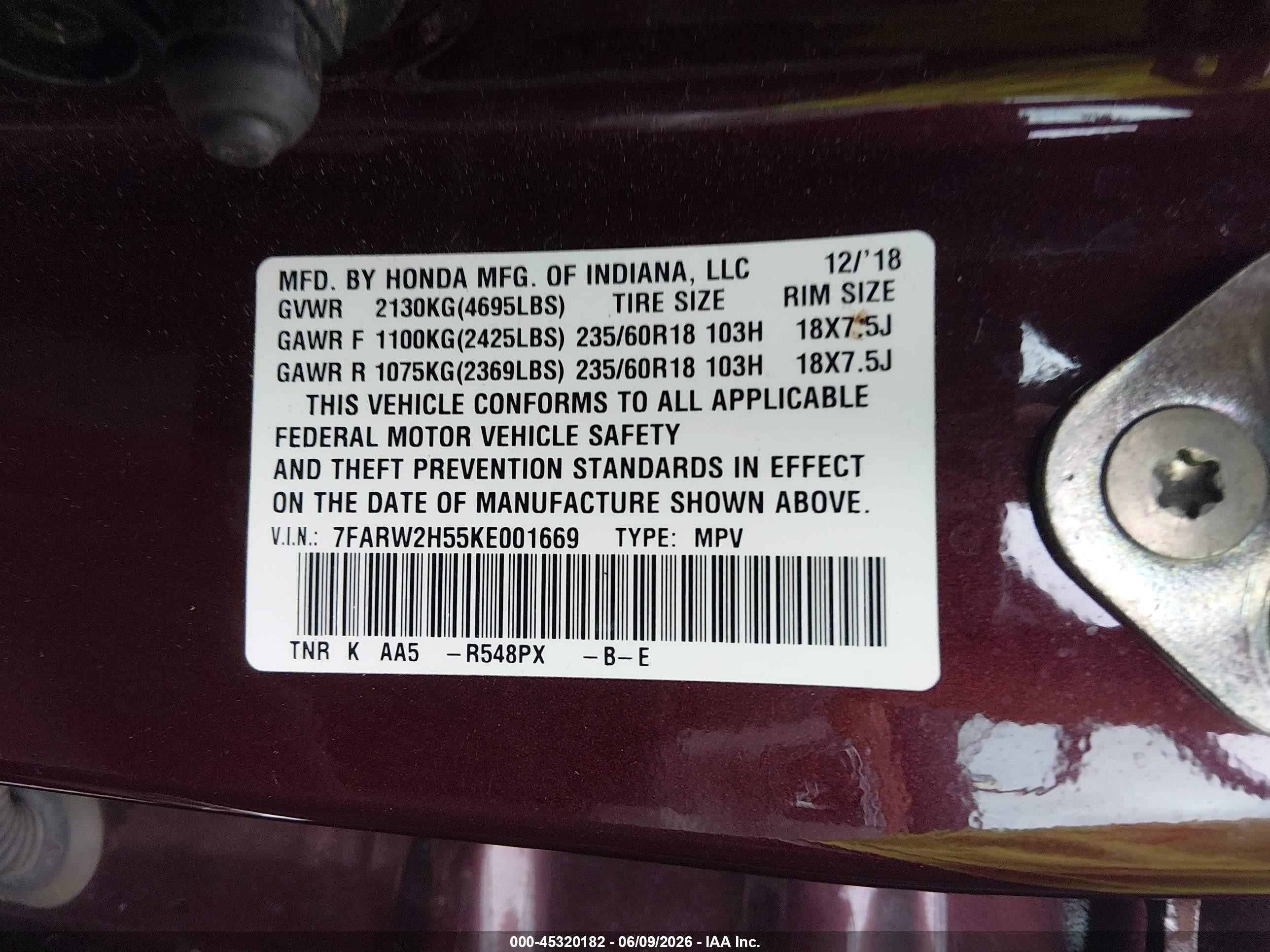 2019 Honda Cr-v Ex Maroon vin: 7FARW2H55KE001669