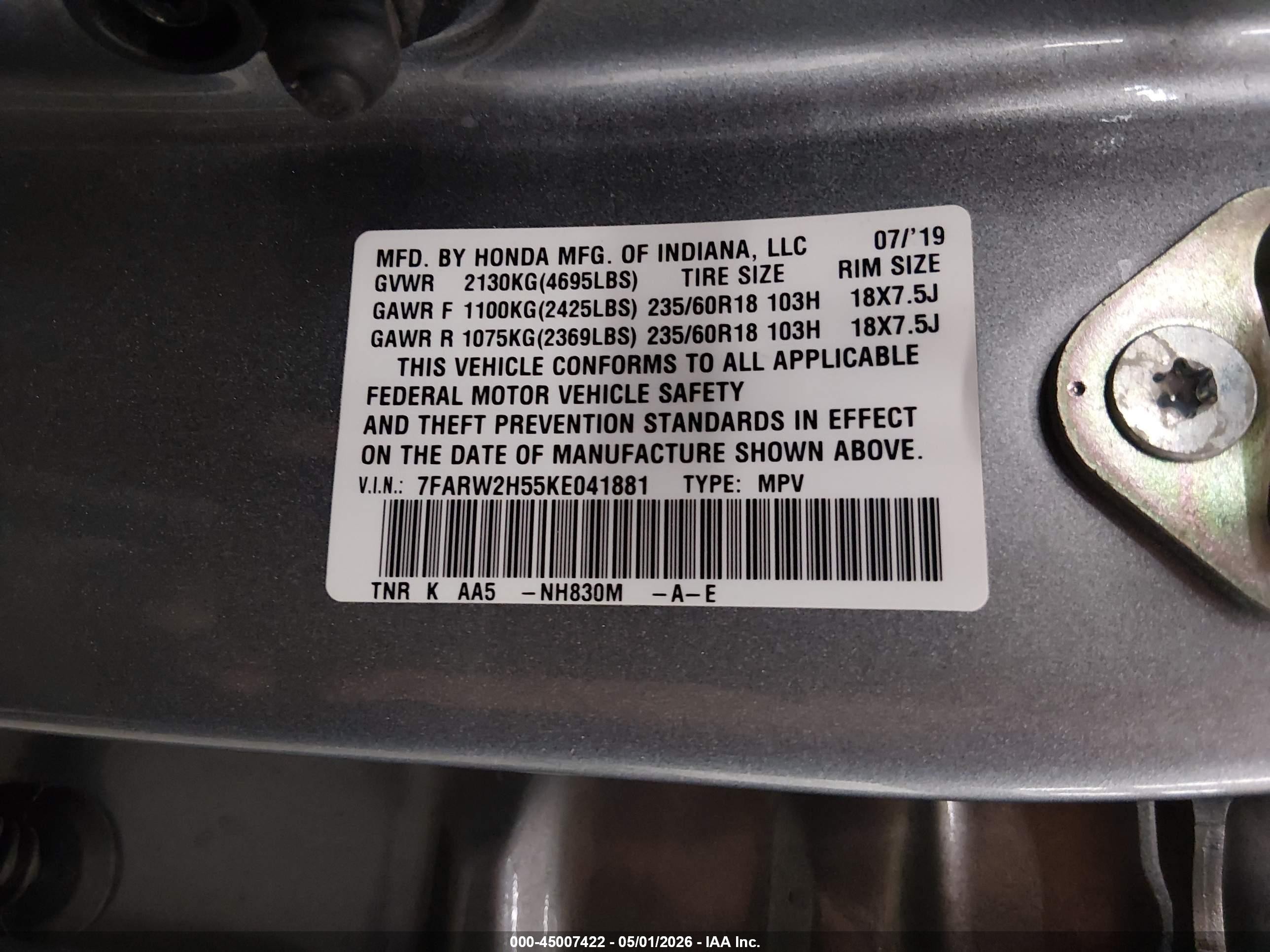 2019 Honda Cr-v Ex Silver vin: 7FARW2H55KE041881