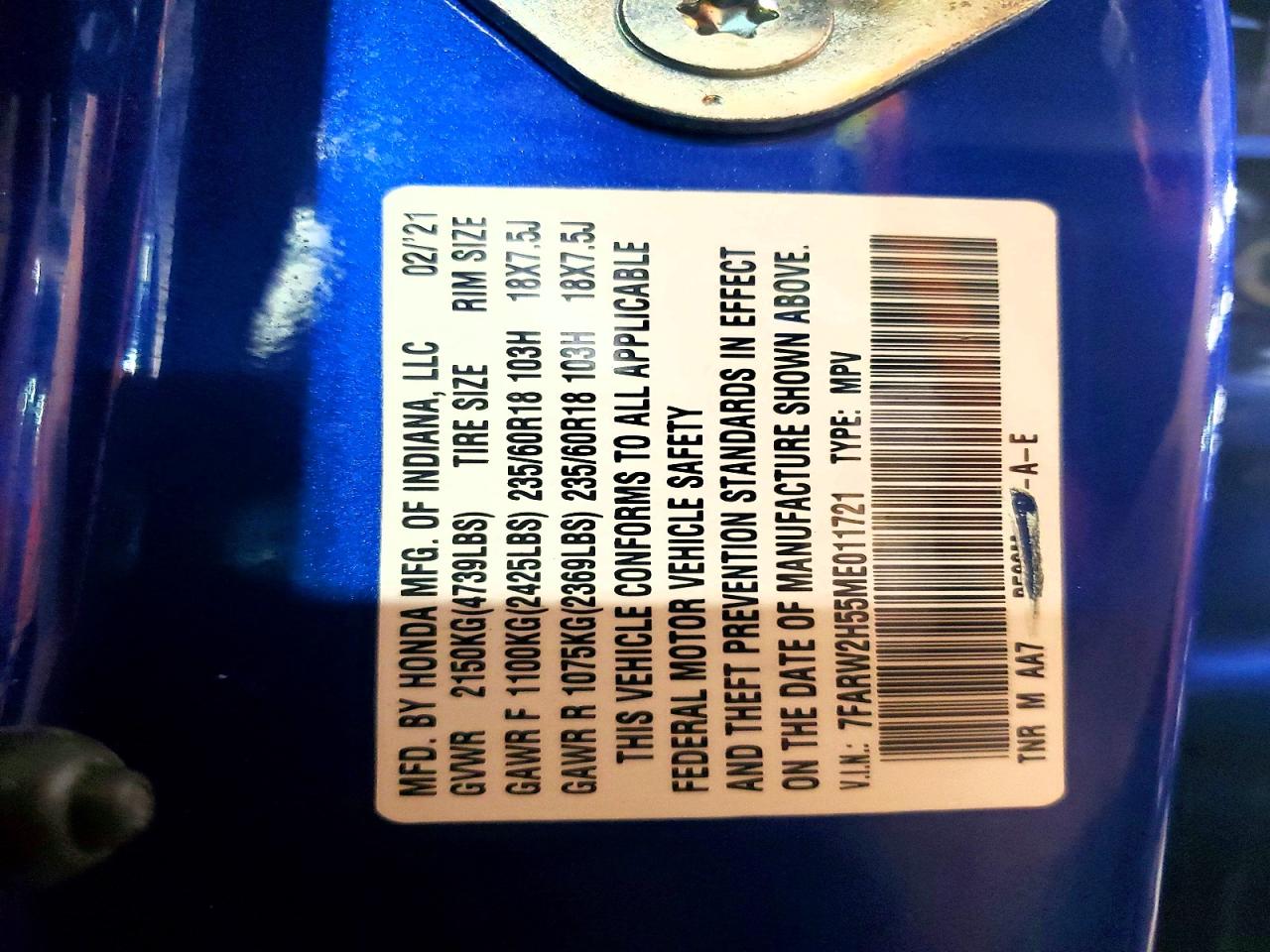 2021 Honda Cr-v Ex Blue vin: 7FARW2H55ME011721