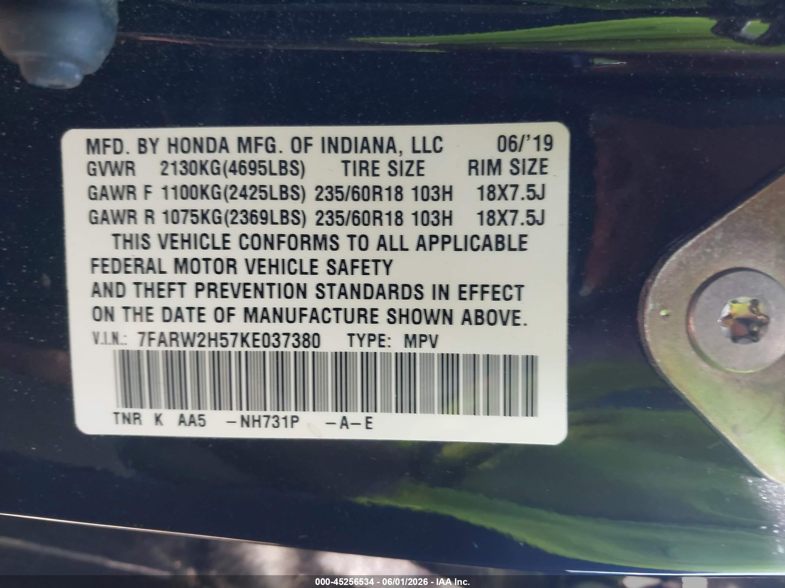 2019 Honda Cr-v Ex Black vin: 7FARW2H57KE037380