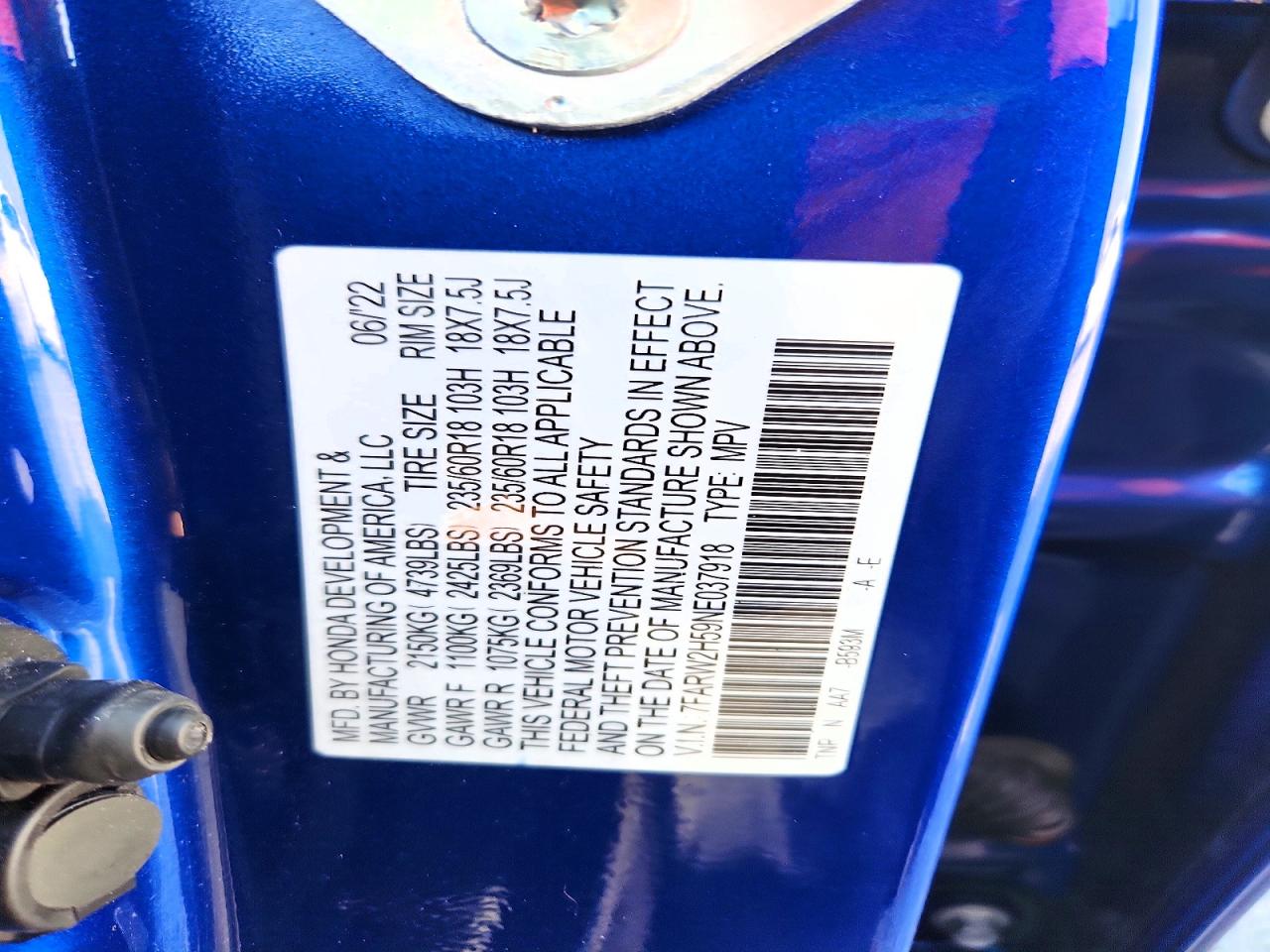 2022 Honda Cr-v Ex Blue vin: 7FARW2H59NE037918