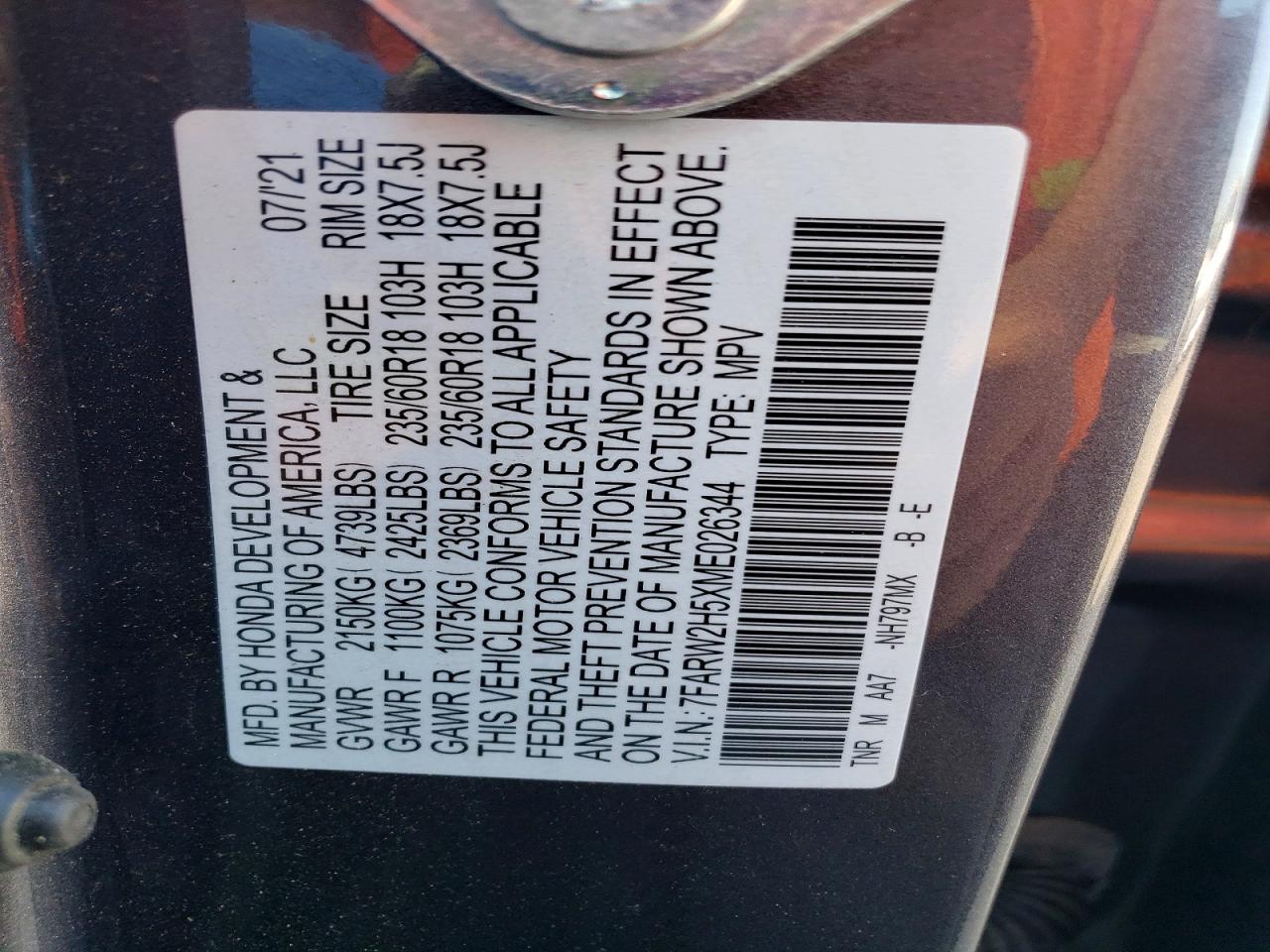 2021 Honda Cr-v Ex Charcoal vin: 7FARW2H5XME026344