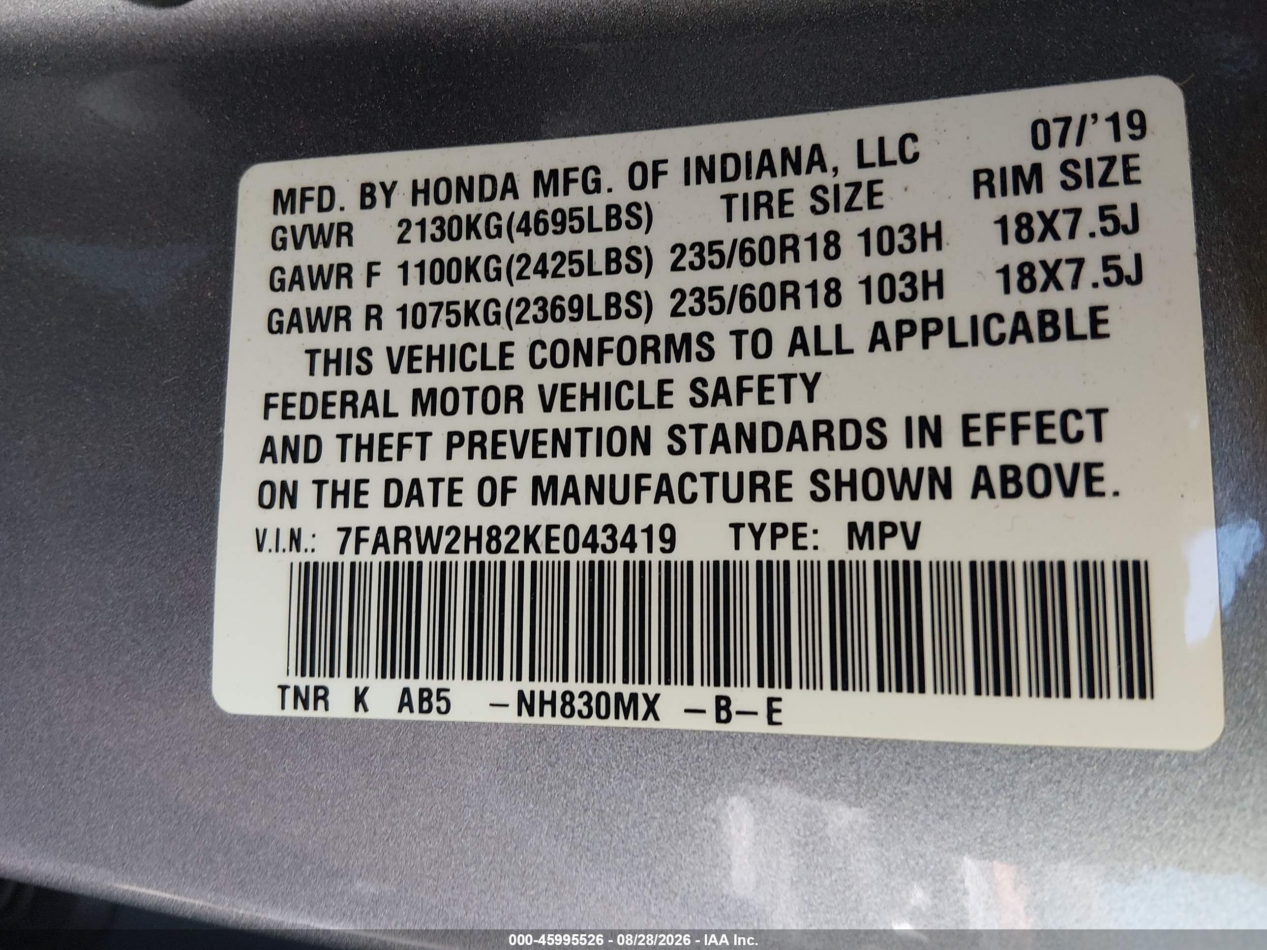 2019 Honda Cr-v Ex-l Silver vin: 7FARW2H82KE043419