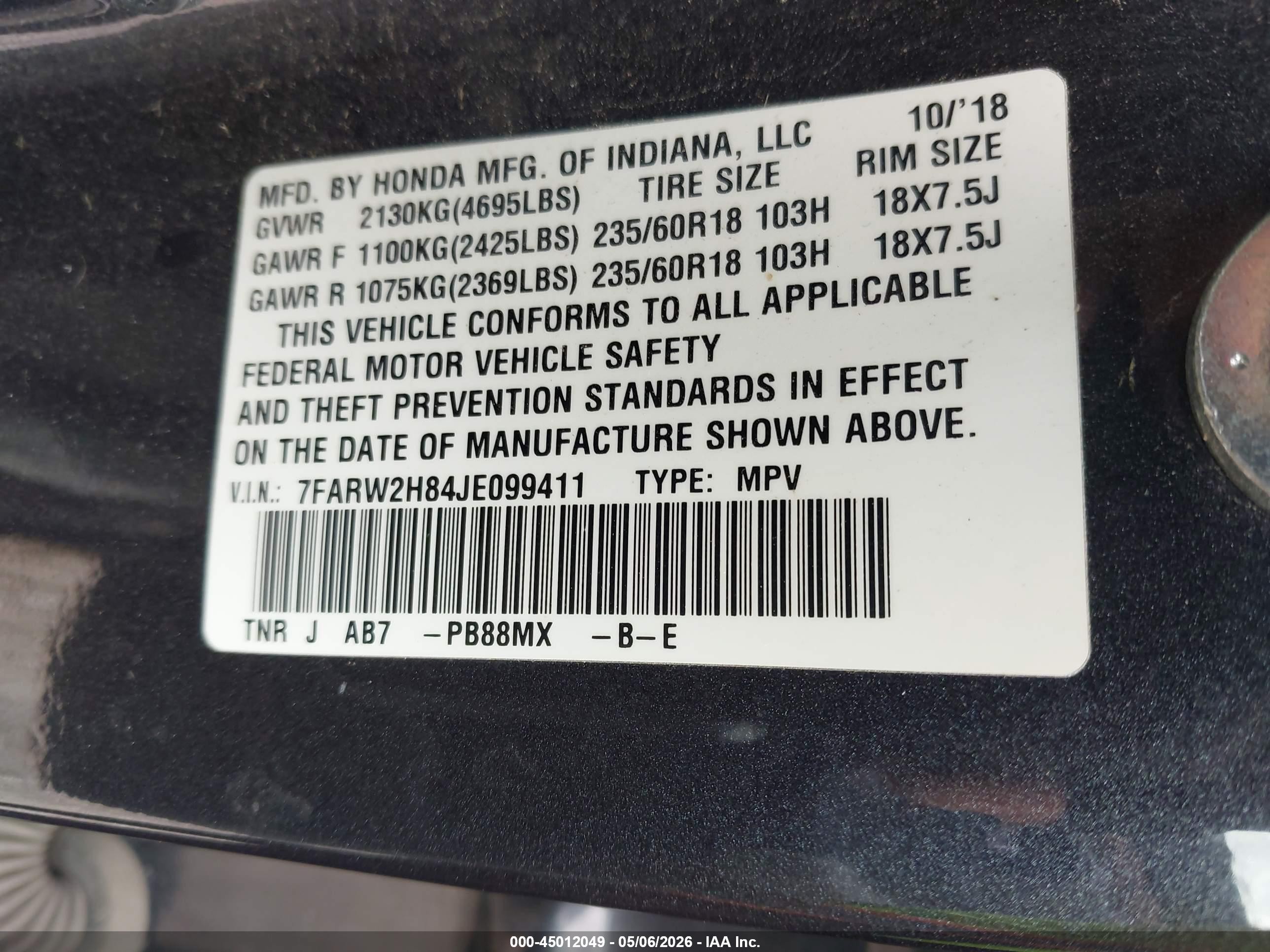 2018 Honda Cr-v Ex-l/ex-l Navi Dark Blue vin: 7FARW2H84JE099411