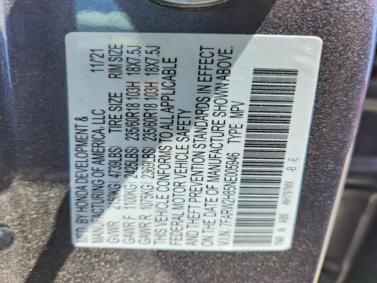 2022 Honda Cr-v Exl Gray vin: 7FARW2H85NE005946