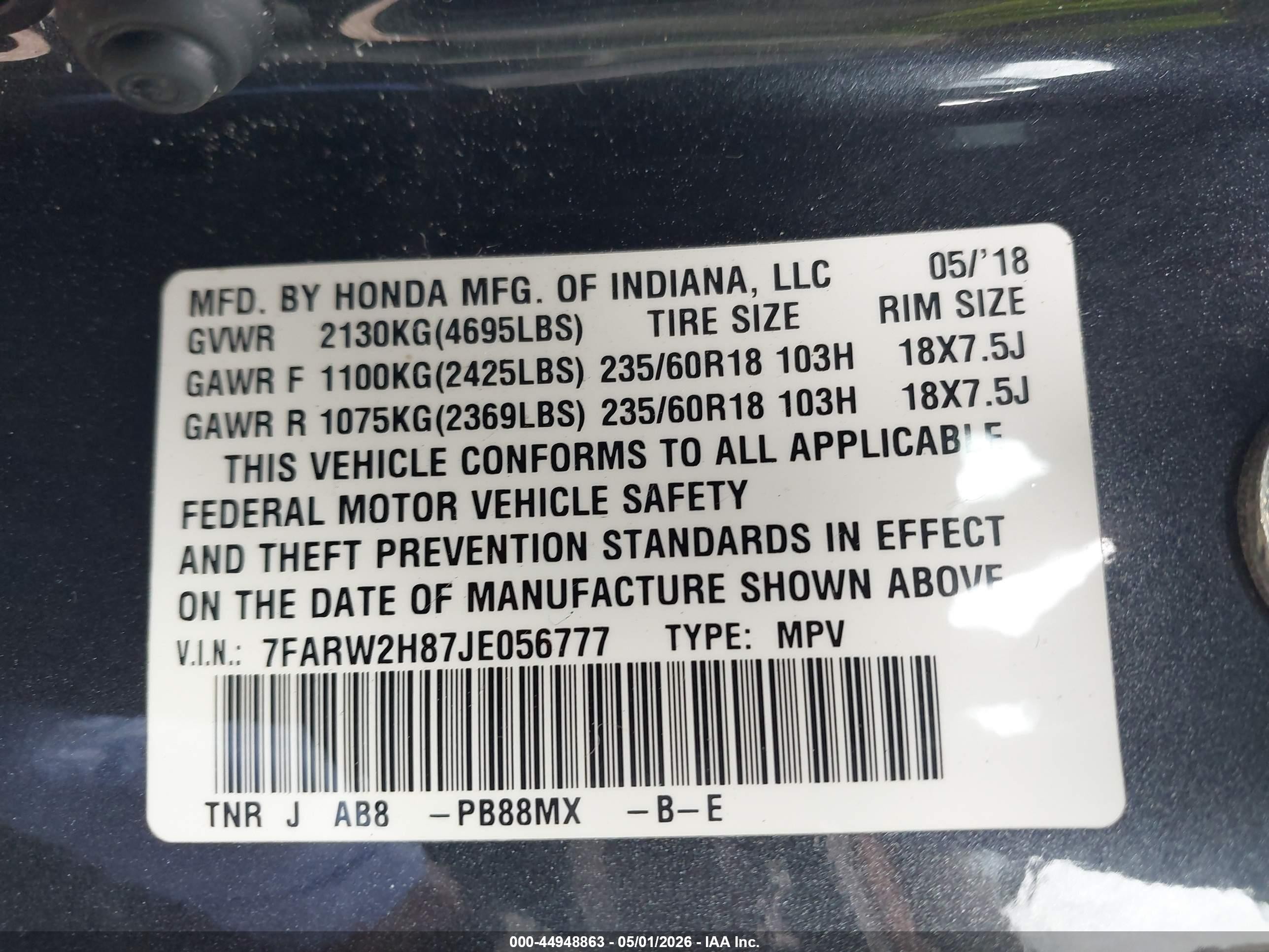 2018 Honda Cr-v Ex-l/ex-l Navi Gray vin: 7FARW2H87JE056777