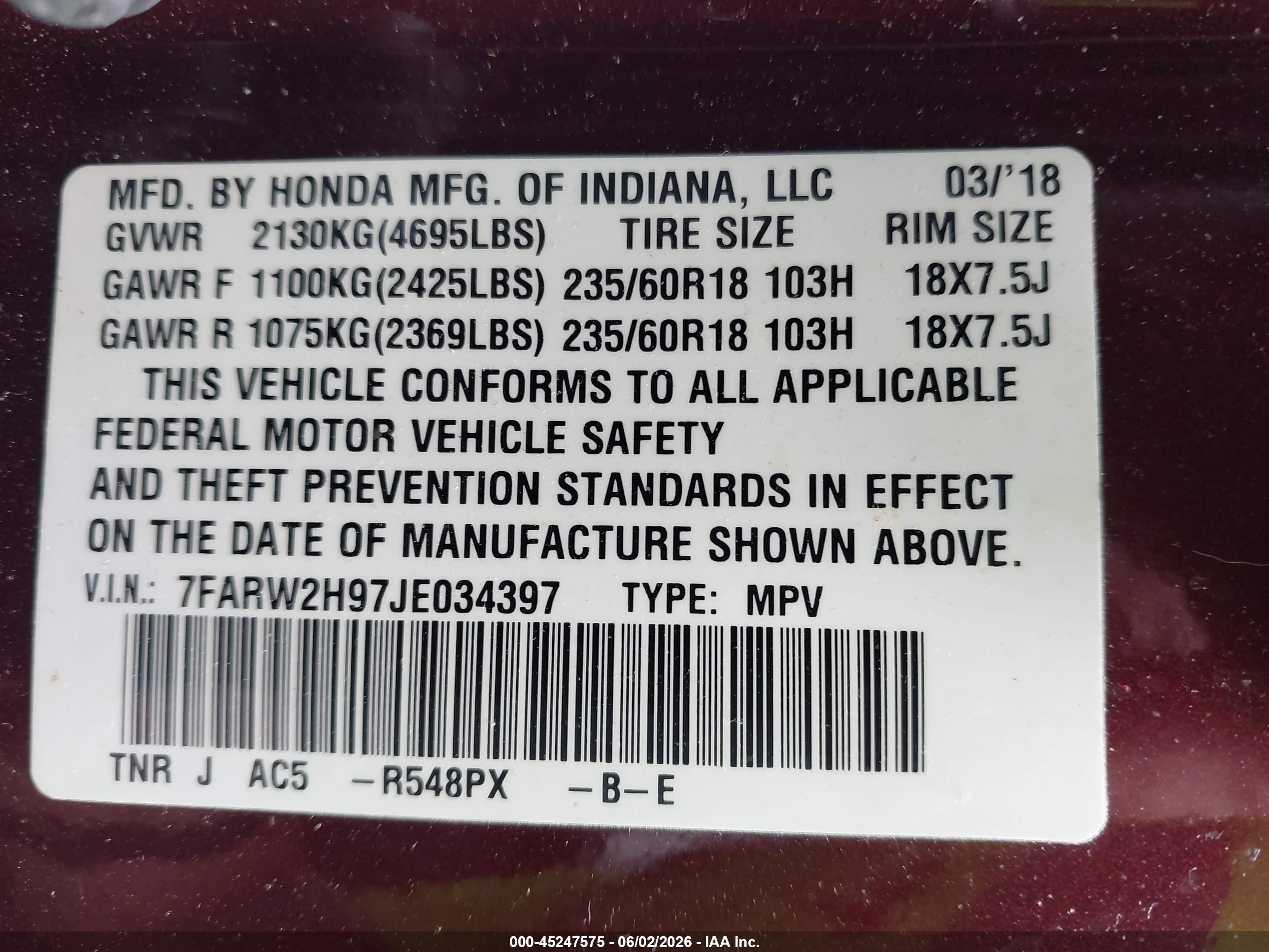 2018 Honda Cr-v Touring Burgundy vin: 7FARW2H97JE034397