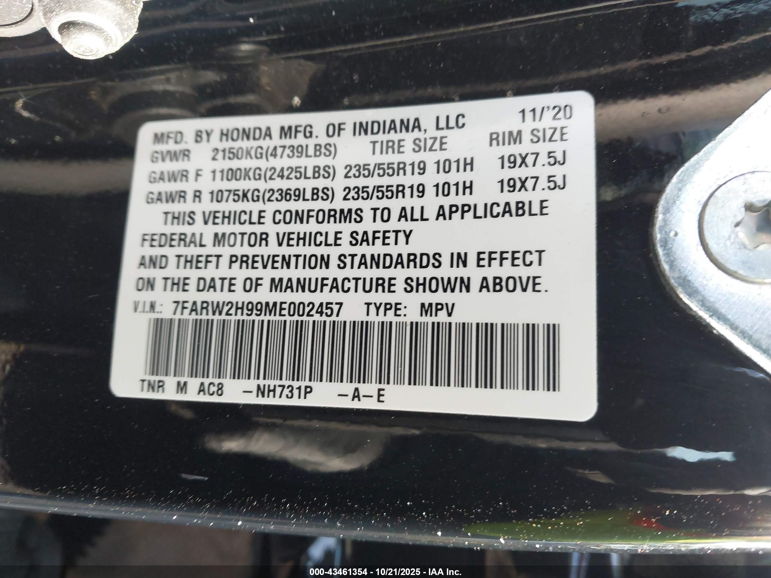 2021 Honda Cr-v Awd Touring Черный vin: 7FARW2H99ME002457