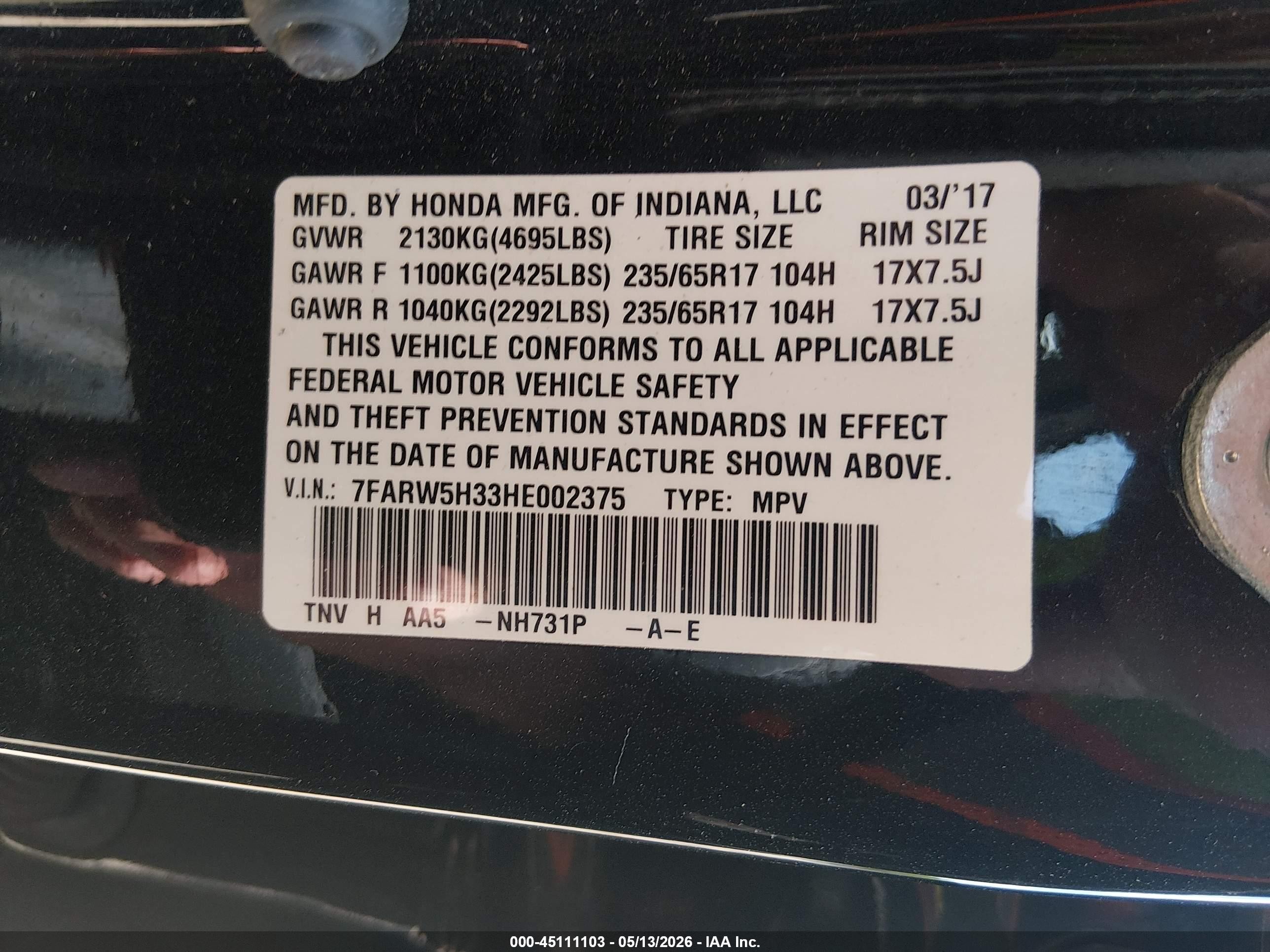 2017 Honda Cr-v Lx Black vin: 7FARW5H33HE002375