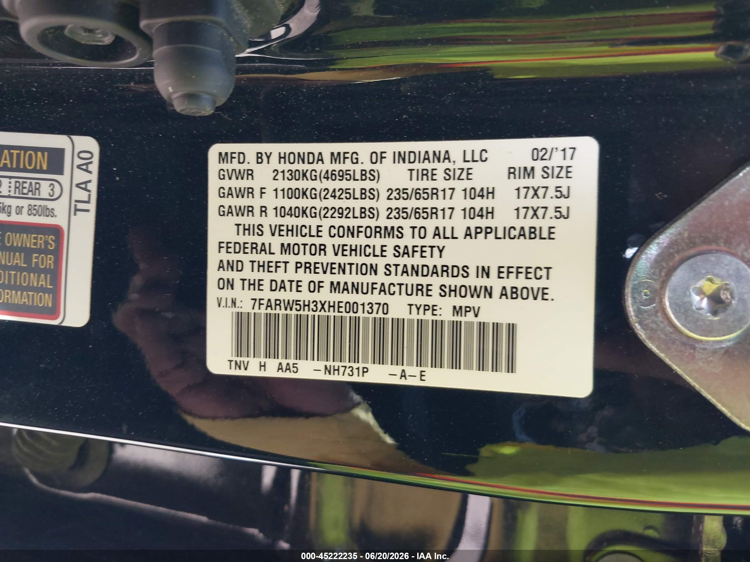 2017 Honda Cr-v Lx Black vin: 7FARW5H3XHE001370