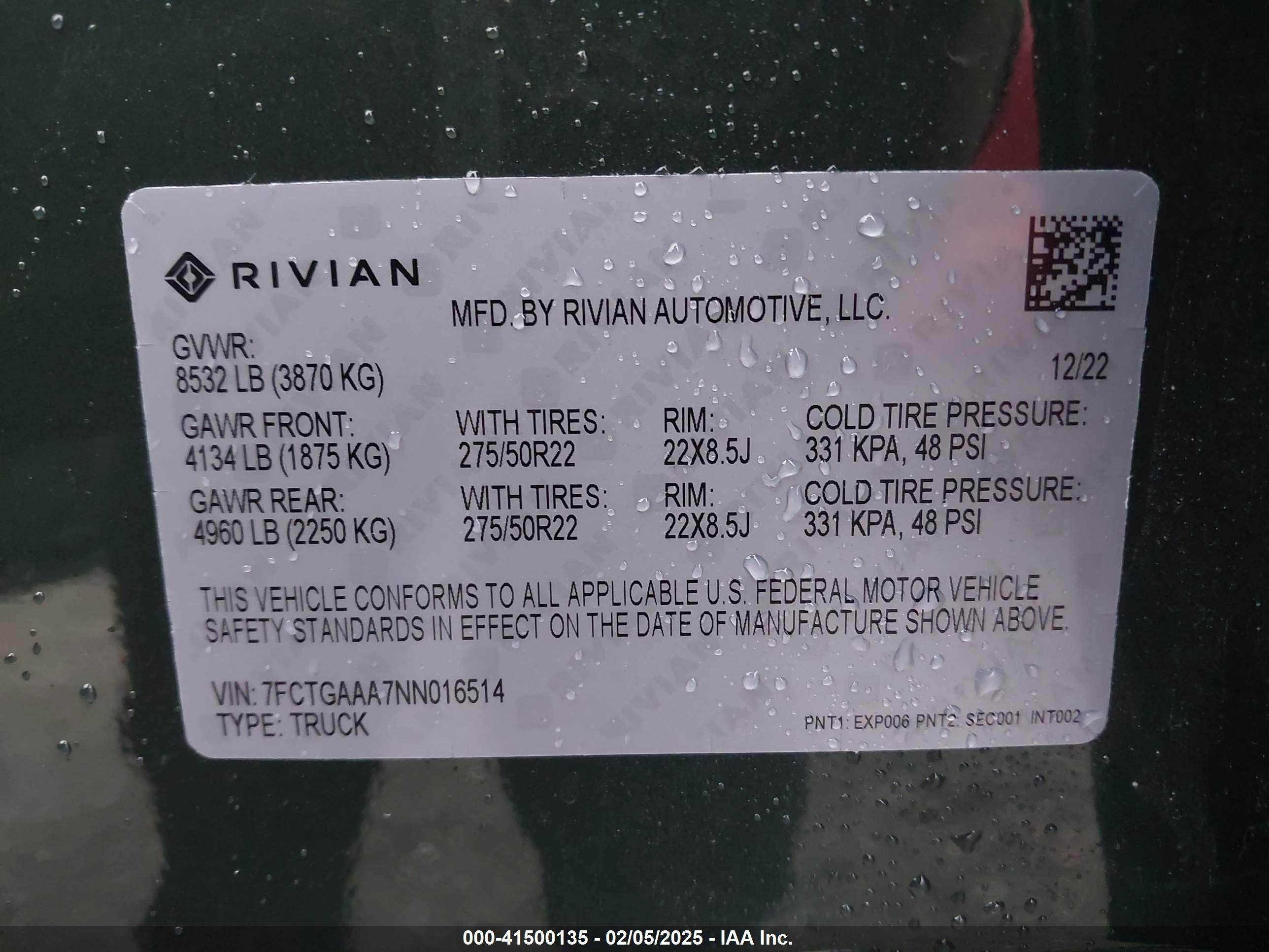2022 Rivian R1t Adventure Green vin: 7FCTGAAA7NN016514