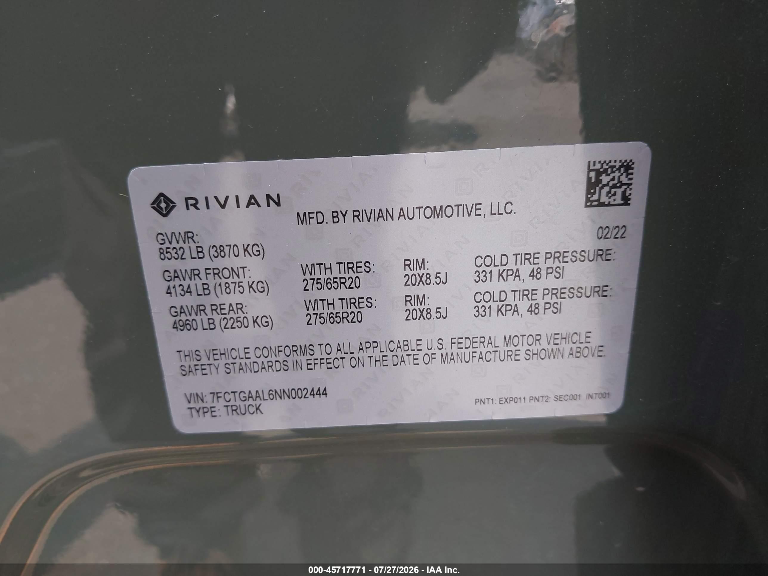 2022 Rivian R1t Launch Edition Green vin: 7FCTGAAL6NN002444
