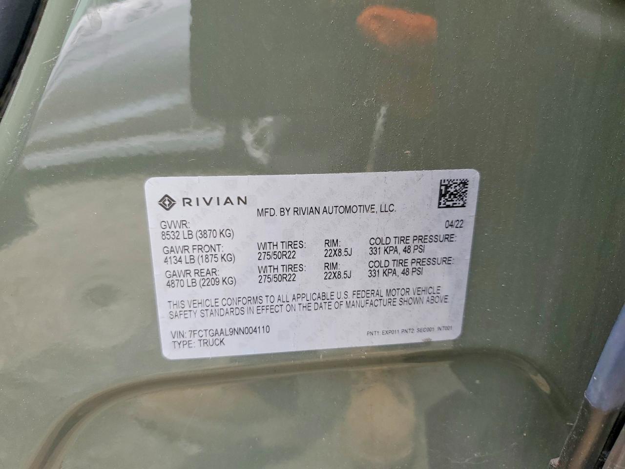 2022 Rivian R1t Launch Edition Green vin: 7FCTGAAL9NN004110
