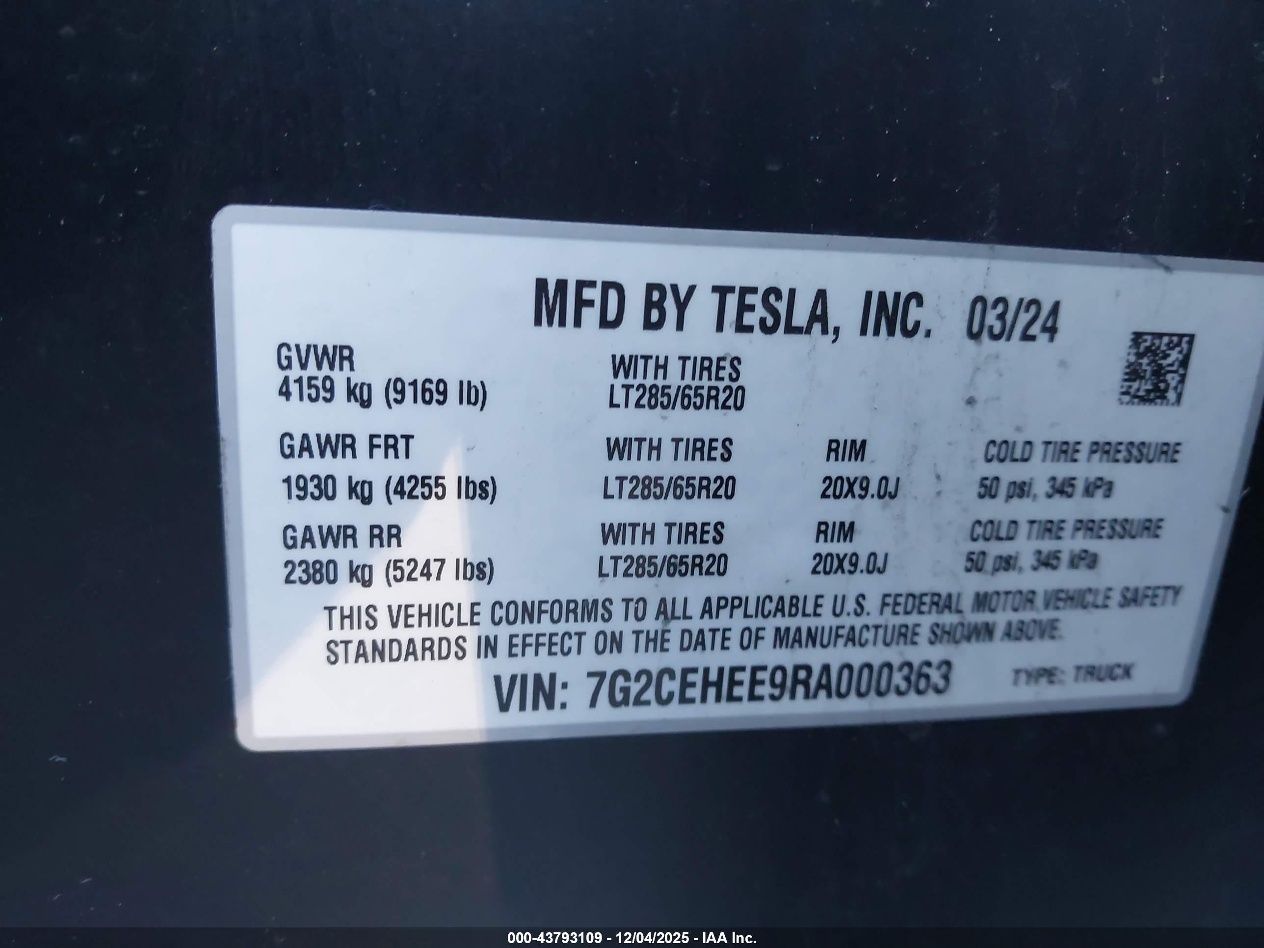2024 Tesla Cybertruck Light Blue vin: 7G2CEHEE9RA000363