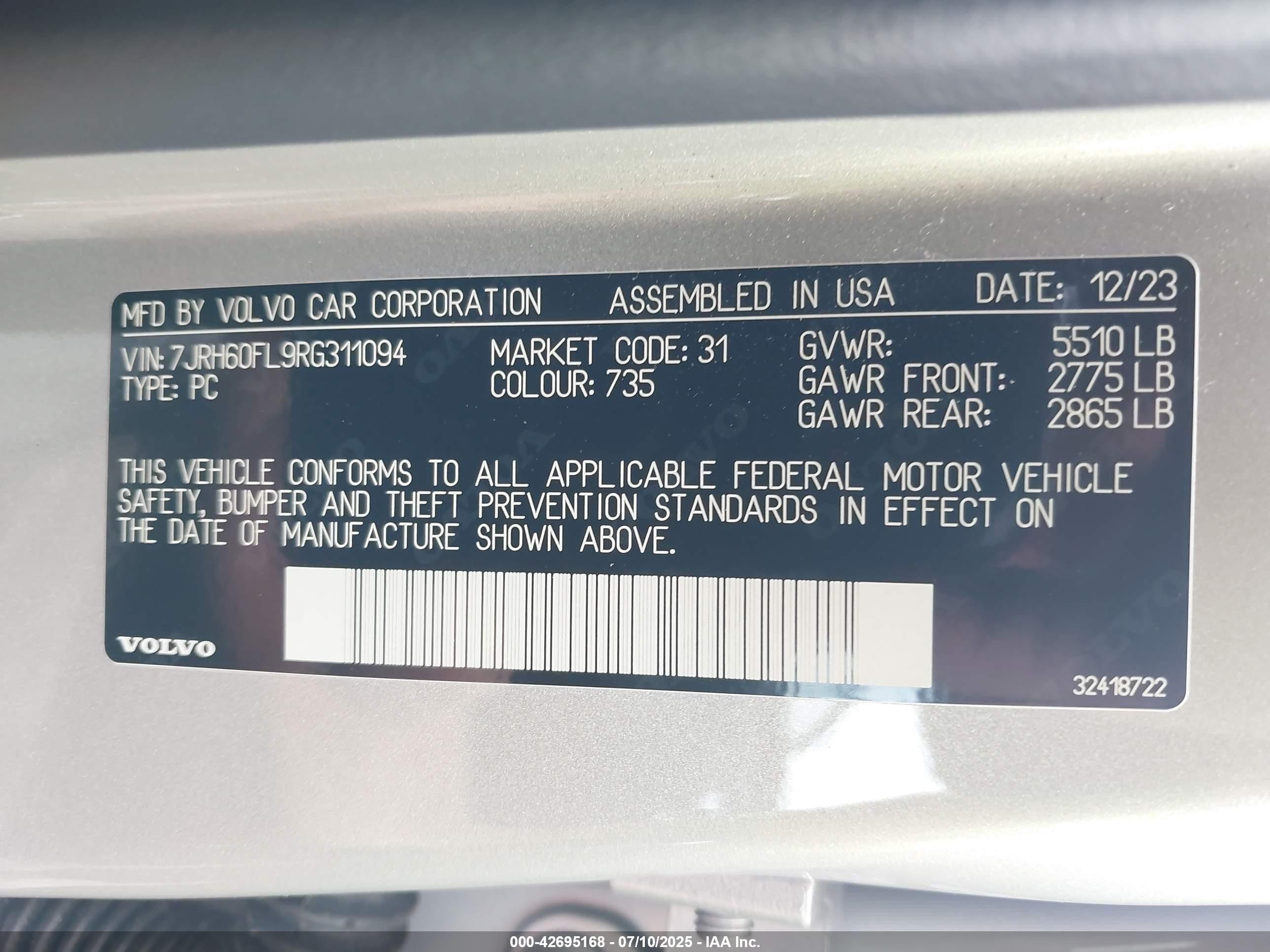2024 Volvo S60 Recharge Plug-in Hybrid T8 Plus Dark Theme Gray vin: 7JRH60FL9RG311094