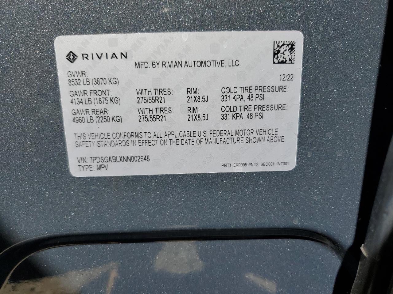 2022 Rivian R1s Launch Edition   Gray vin: 7PDSGABLXNN002648