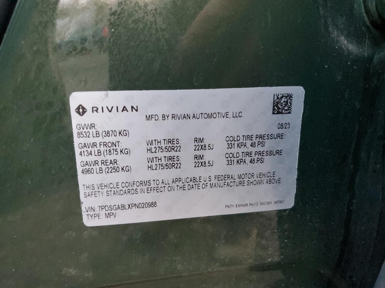 2023 Rivian R1s Launch Edition Green vin: 7PDSGABLXPN020988
