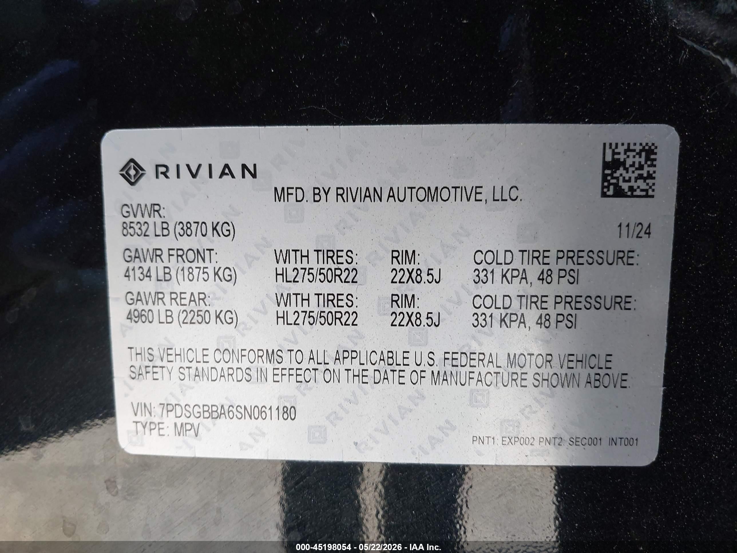 2025 Rivian R1s Adventure Dual Motor Large Pack/adventure Dual Motor Max Pack Black vin: 7PDSGBBA6SN061180