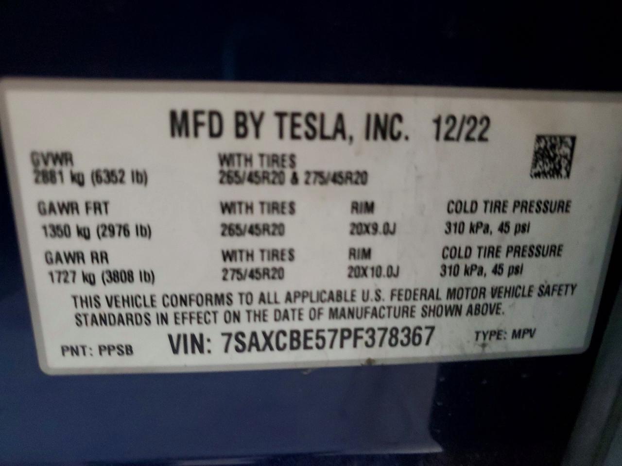 2023 Tesla Model X Blue vin: 7SAXCBE57PF378367