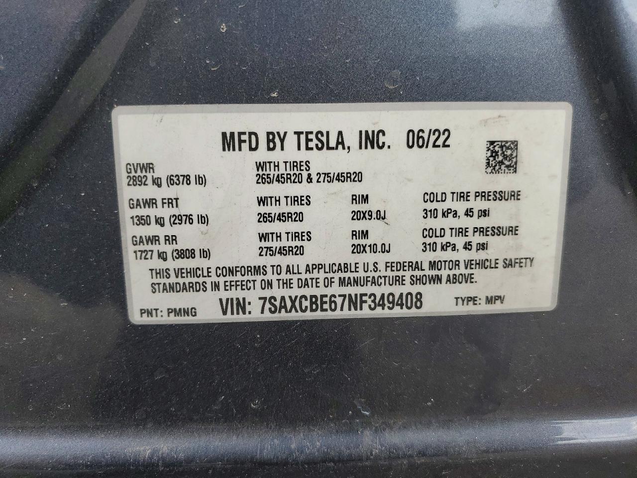 2022 Tesla Model X Угольный vin: 7SAXCBE67NF349408