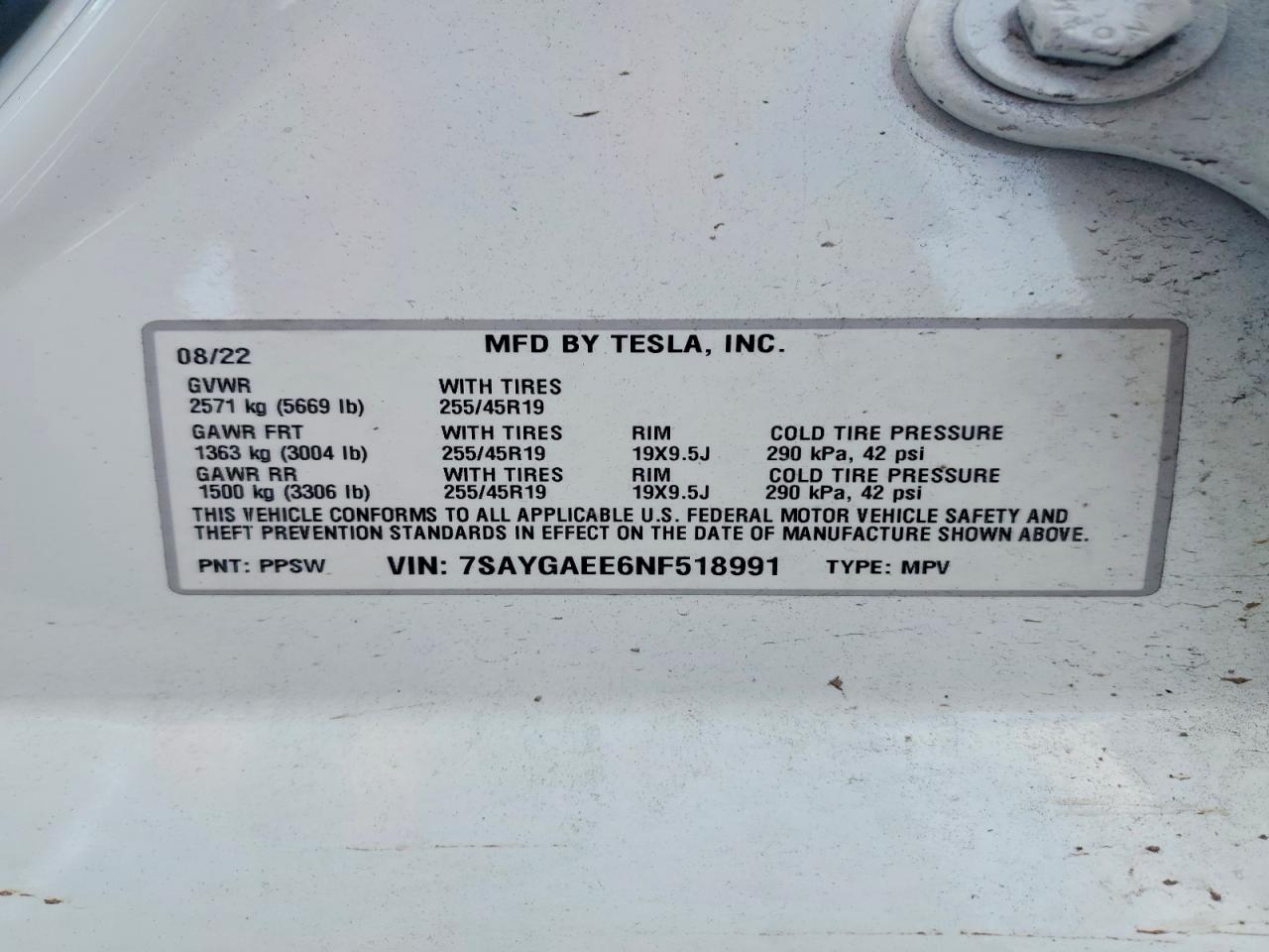 2022 Tesla Model Y White vin: 7SAYGAEE6NF518991