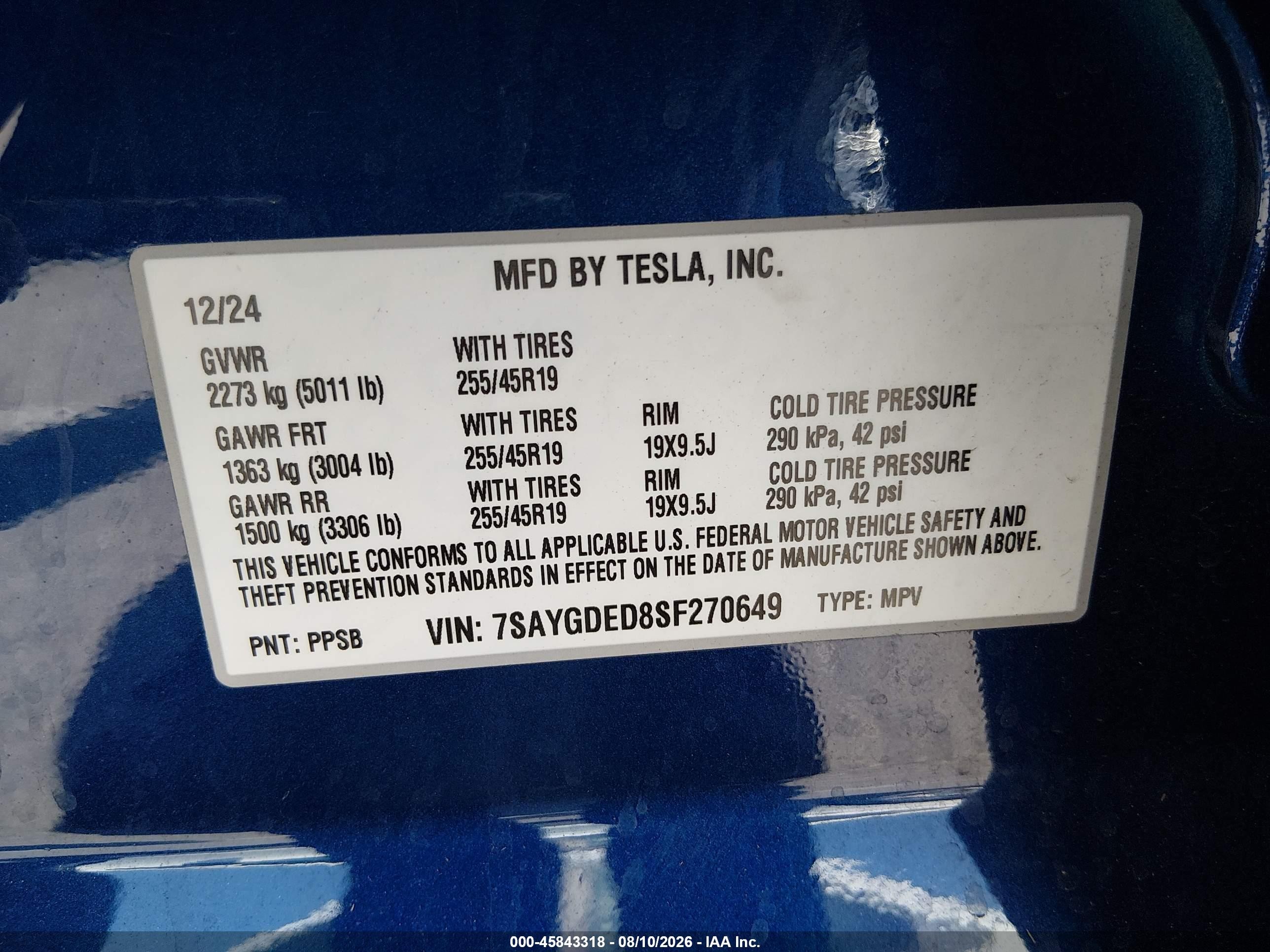 2025 Tesla Model Y Long Range Dual Motor Rear-wheel Drive Blue vin: 7SAYGDED8SF270649
