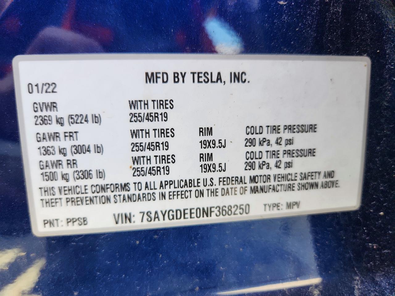 2022 Tesla Model Y Blue vin: 7SAYGDEE0NF368250