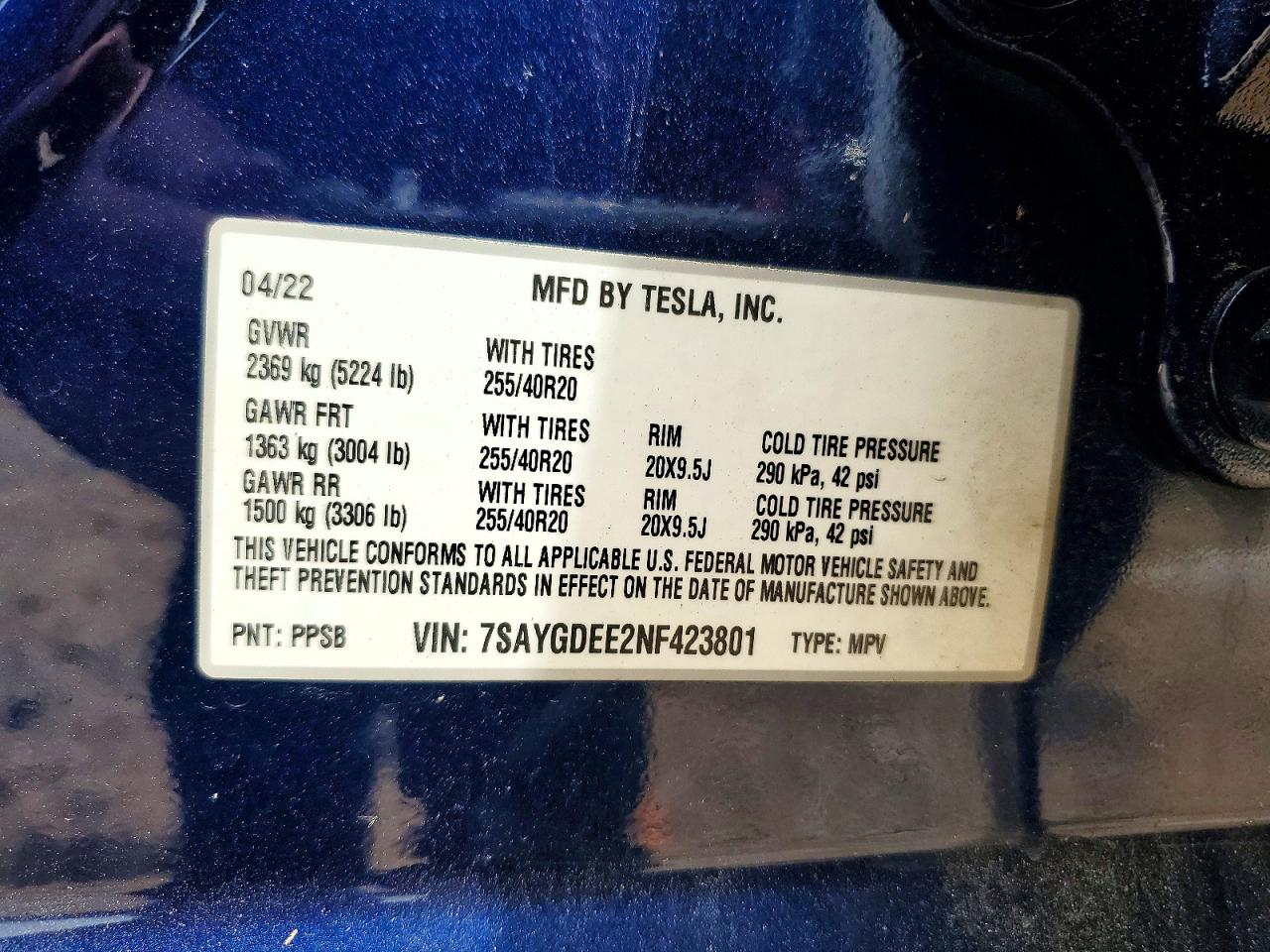 2022 Tesla Model Y Blue vin: 7SAYGDEE2NF423801